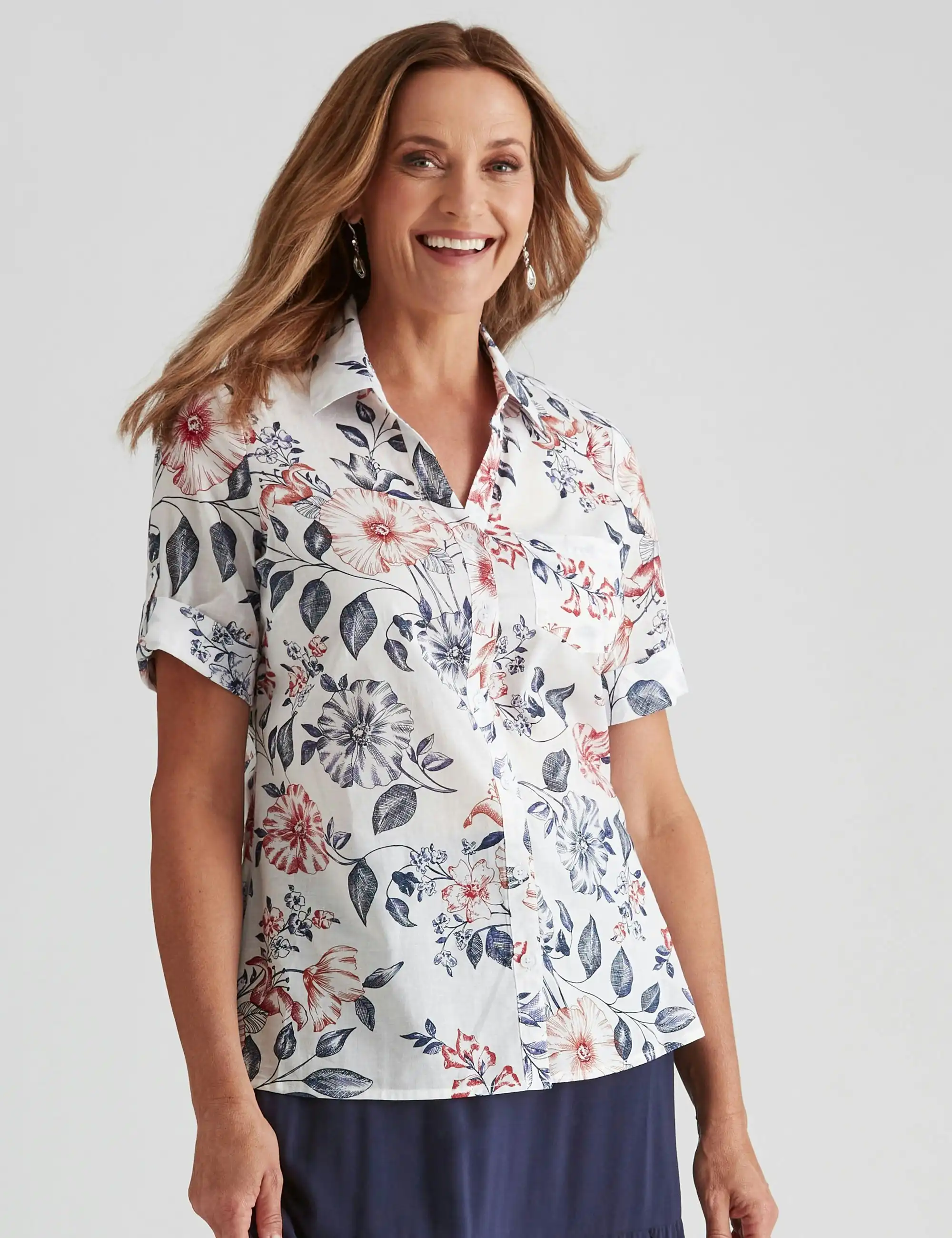 Millers Cotton Voile Shirt (Blue Red Floral)