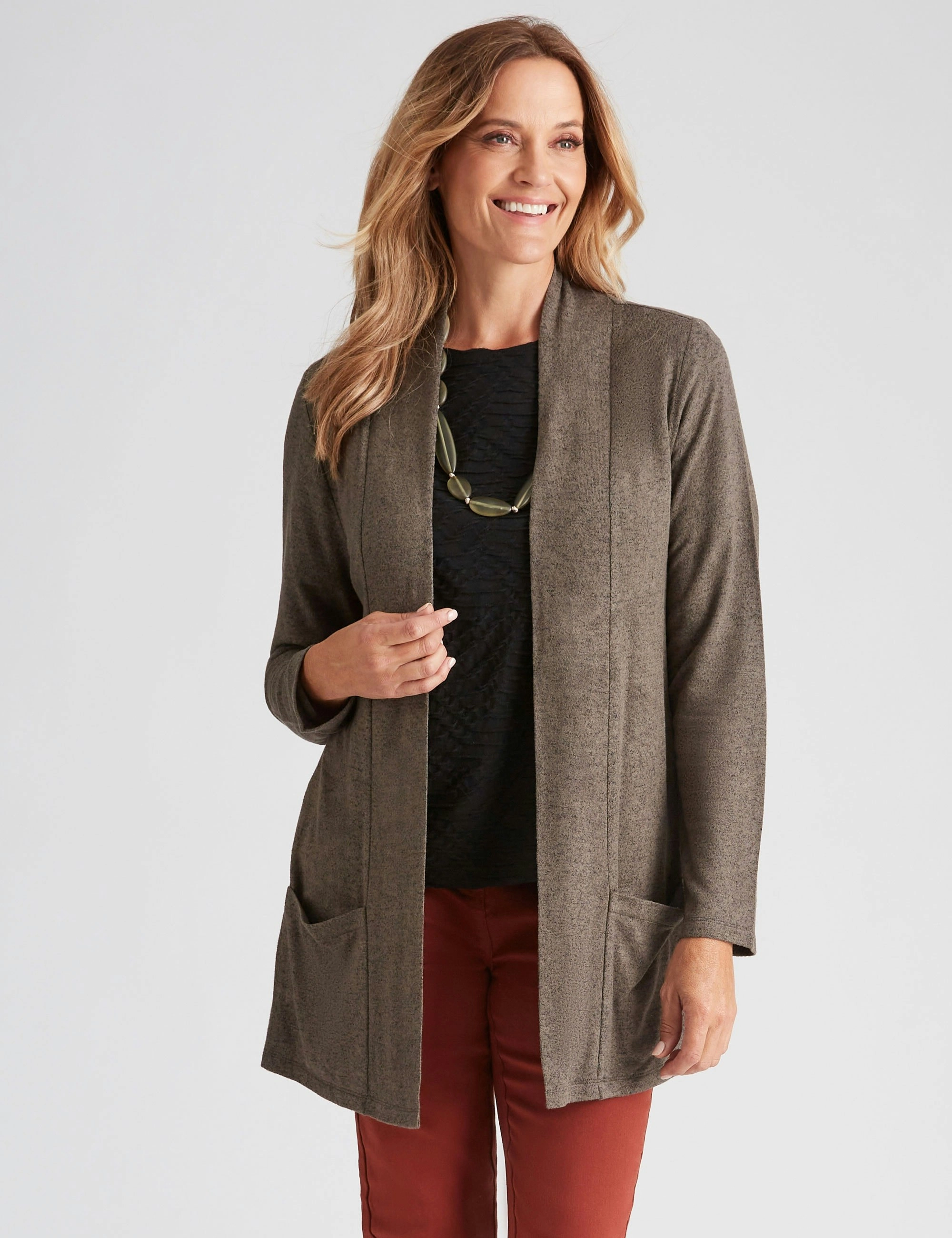 Millers Long Sleeve Brushed Edge To Edge Cardigan (Khaki Melange)