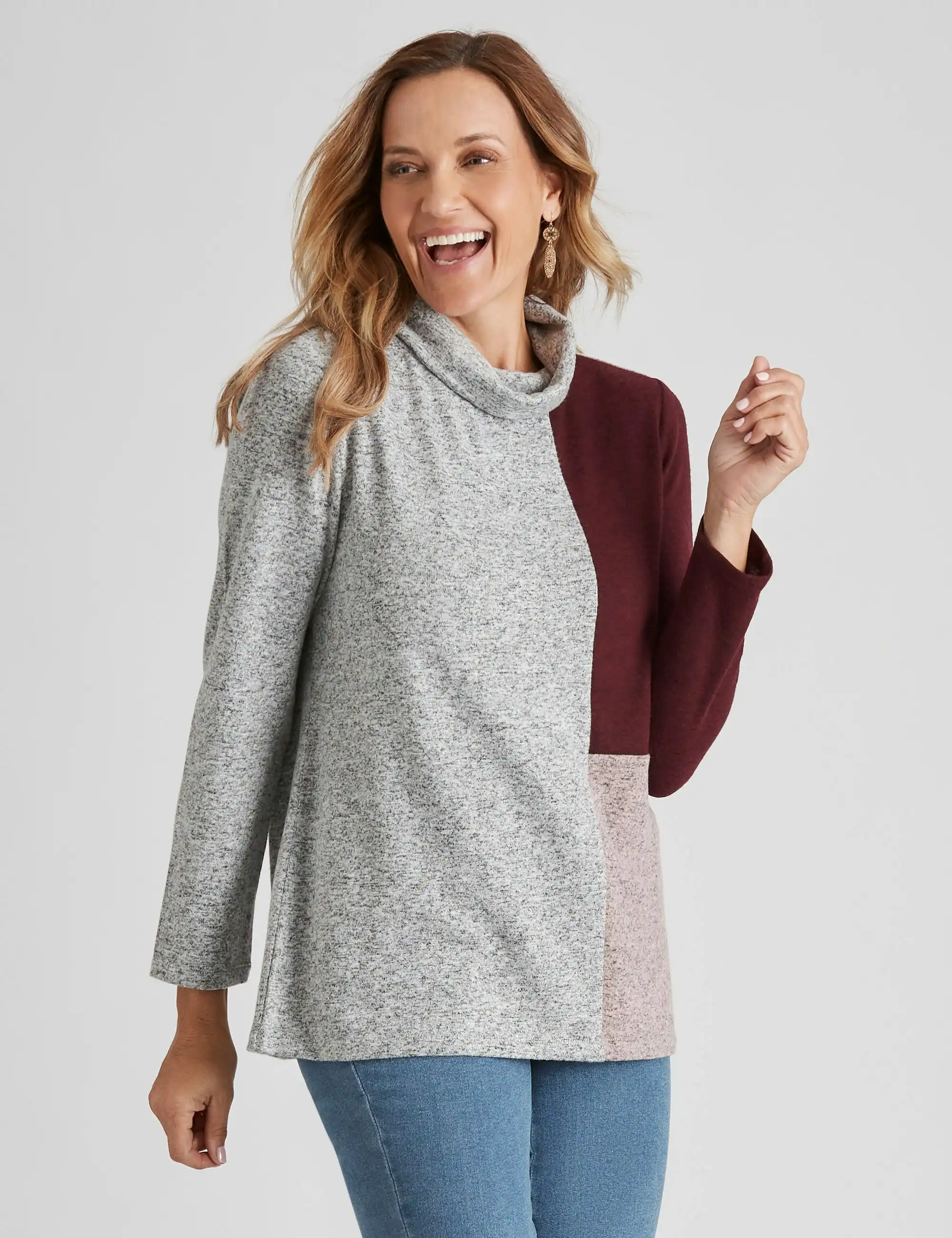 Millers Long Sleeve Brushed Tunic Top (Wine Colour Block)