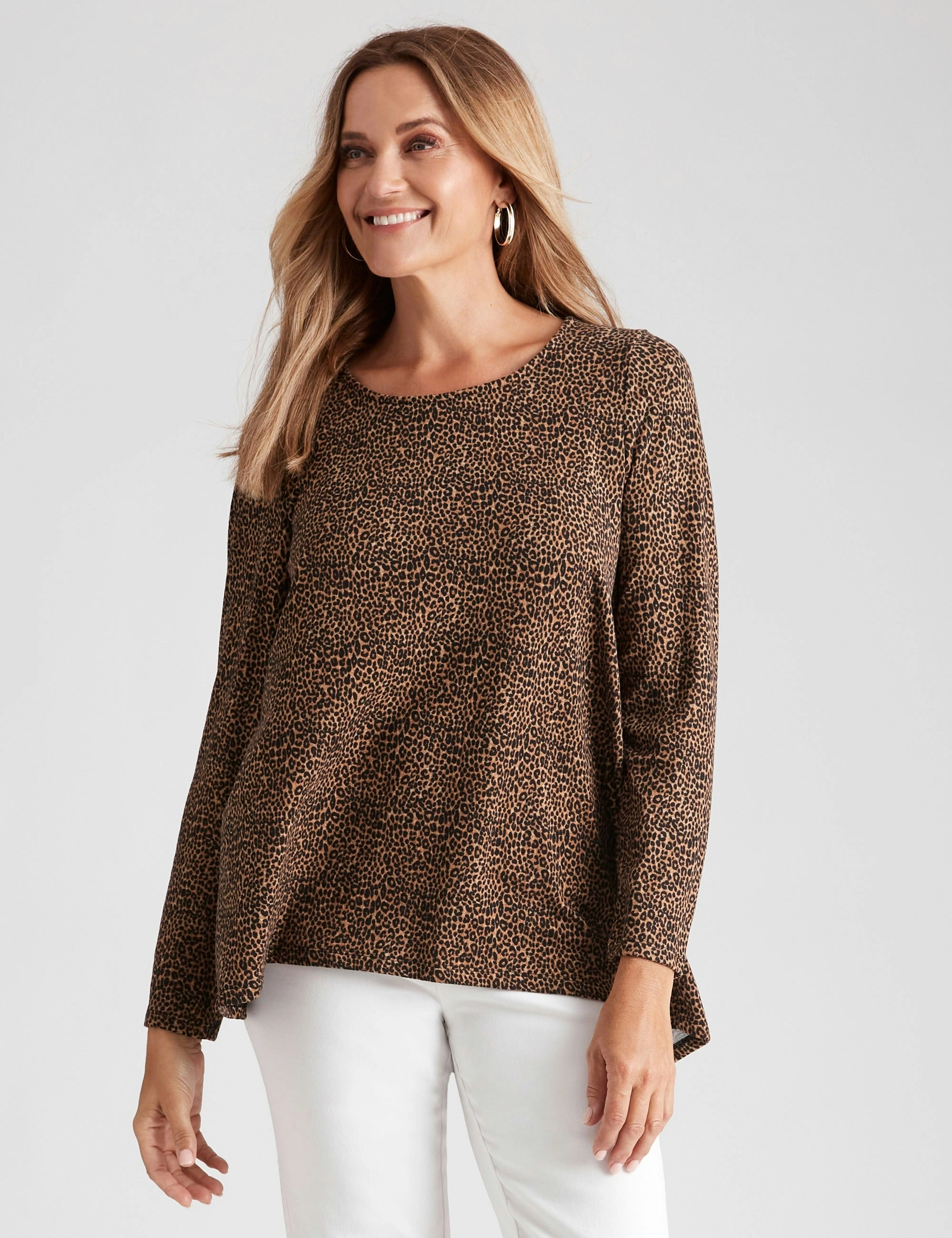 Millers Long Sleeve Brushed Scoop Neck Top (Neutral Leopard)