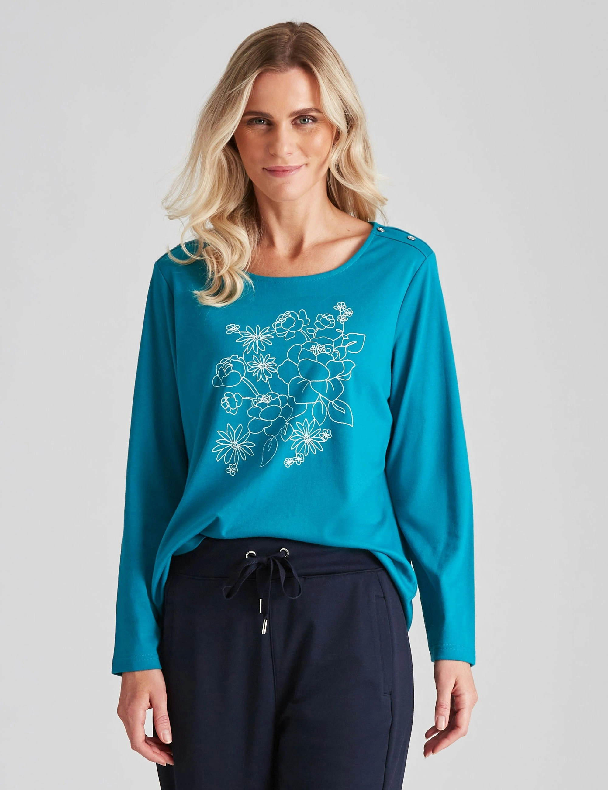 Millers Long Sleeve Embroidered Top (Teal Embroidery)