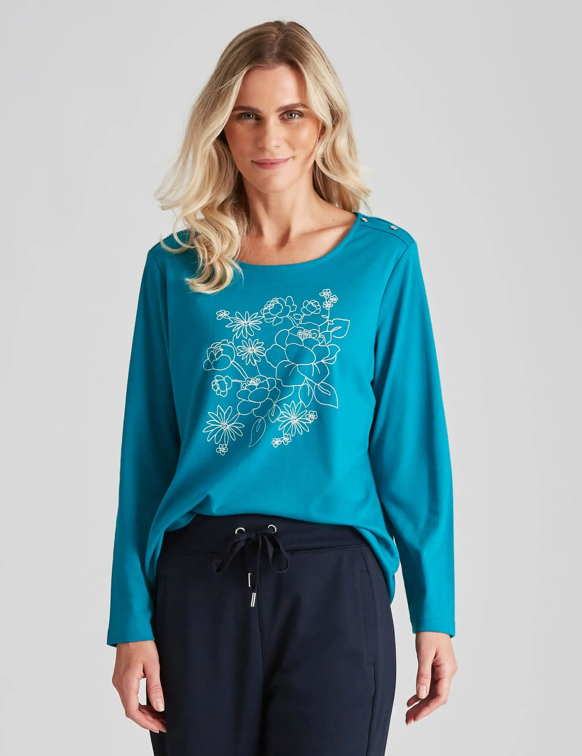Millers Long Sleeve Embroidered Top (Teal Embroidery)
