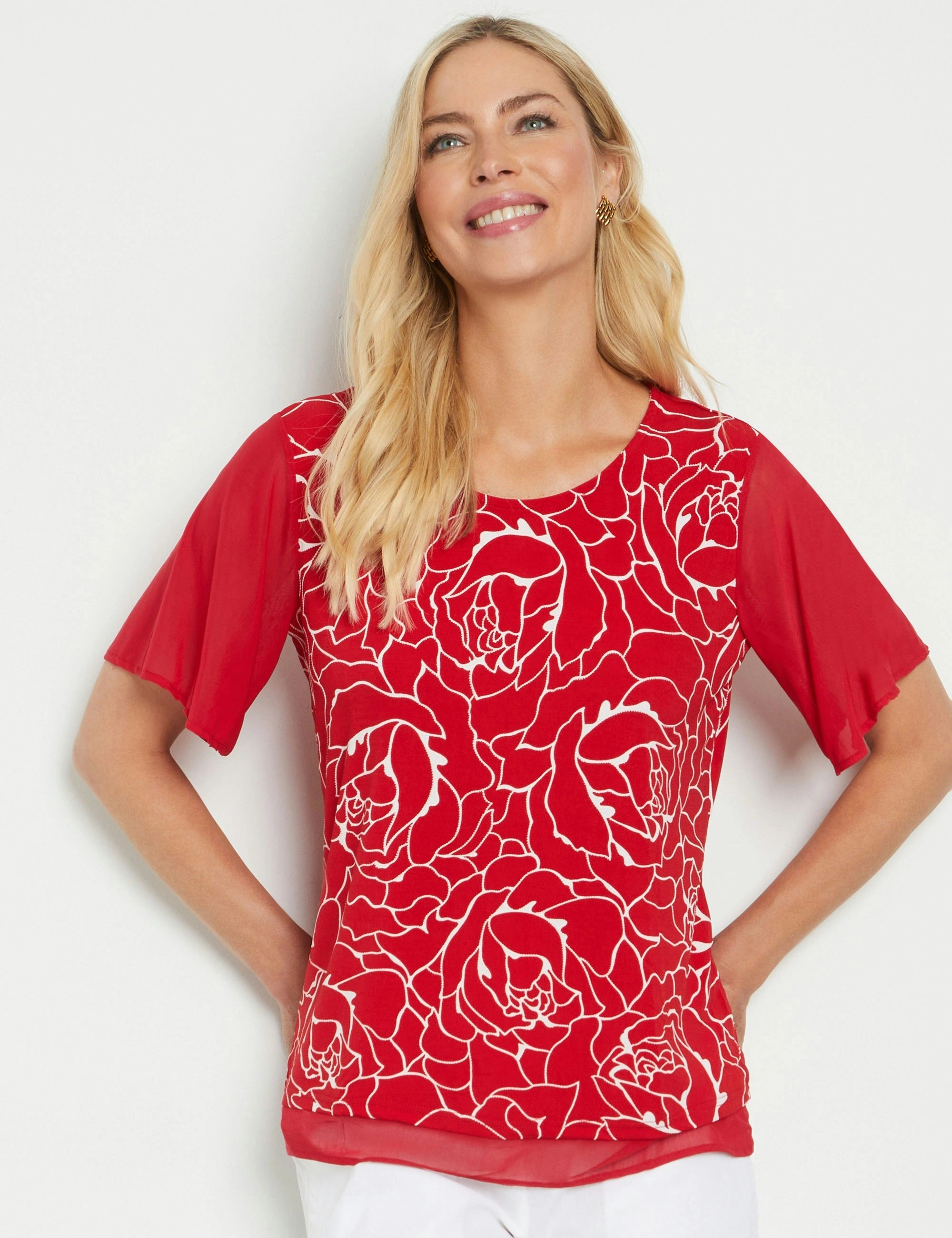 Noni B Puff Print Mesh Sleeve Top (True Red)