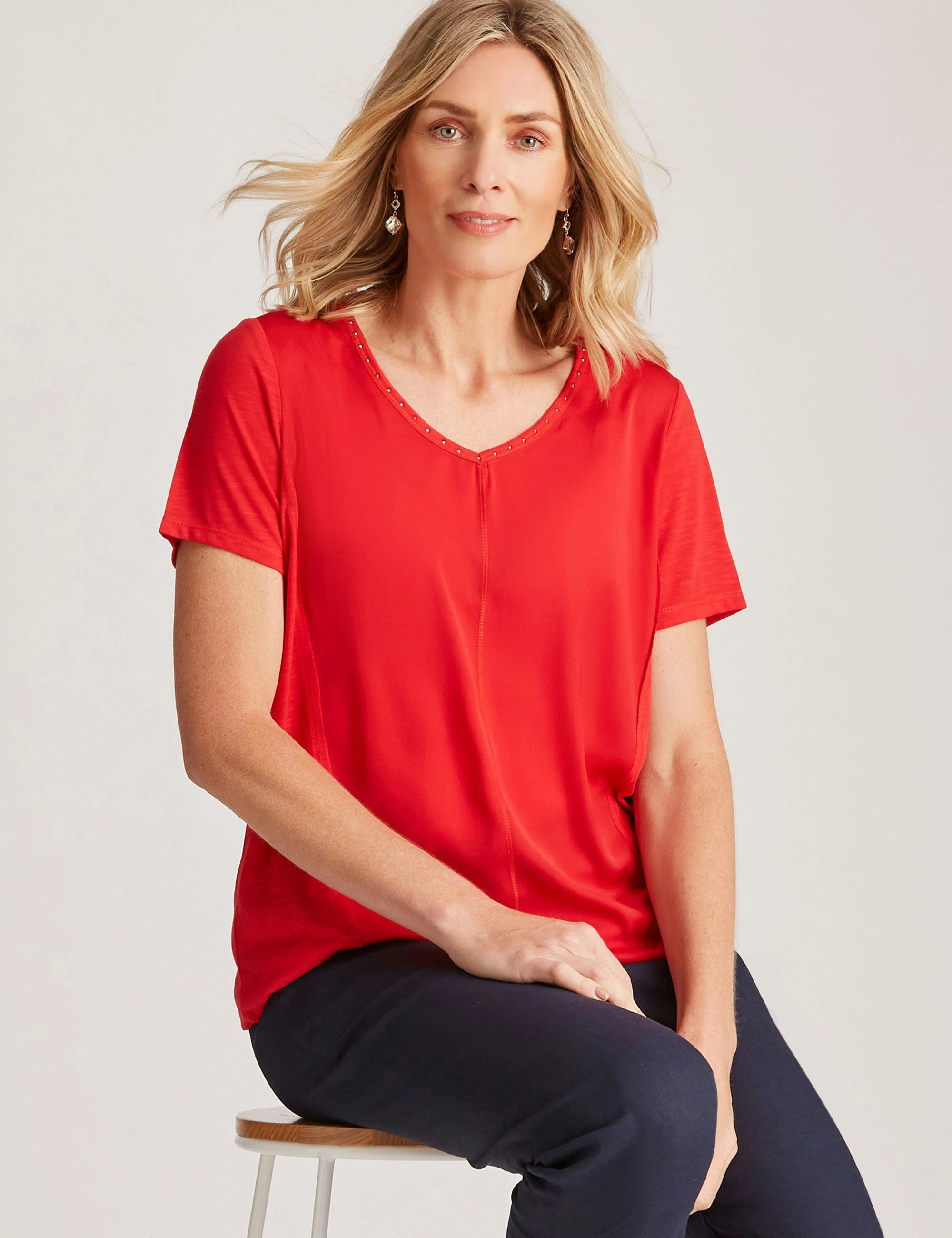 Noni B Diamante V Neck Detail Top (True Red)