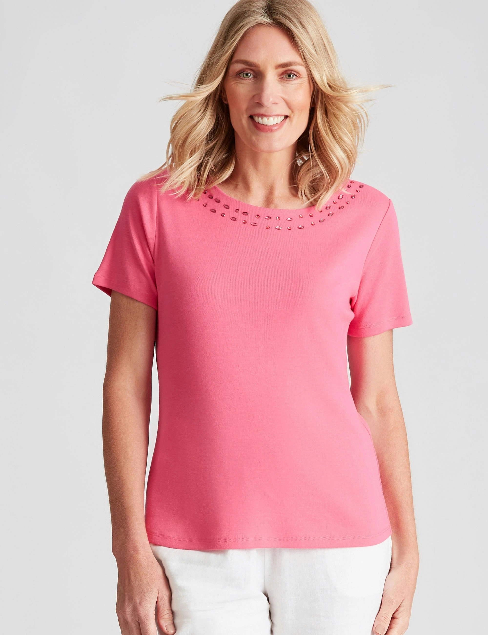 Noni B Round Neck Jewelled Rib Top (Fandango Pink)