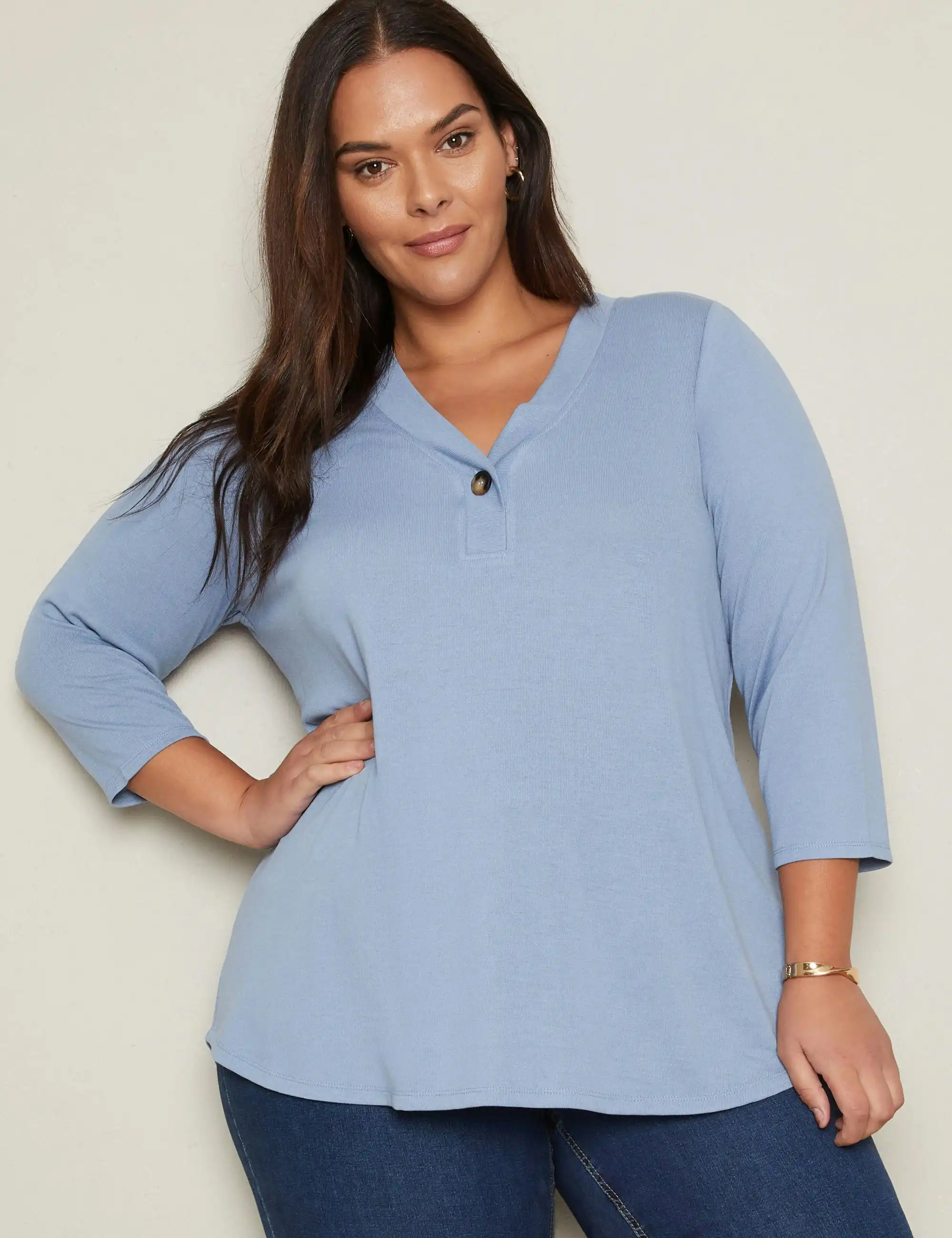 Autograph Knitwear 3/4 Sleeve One Button Knitwear Top (Washed Denim)