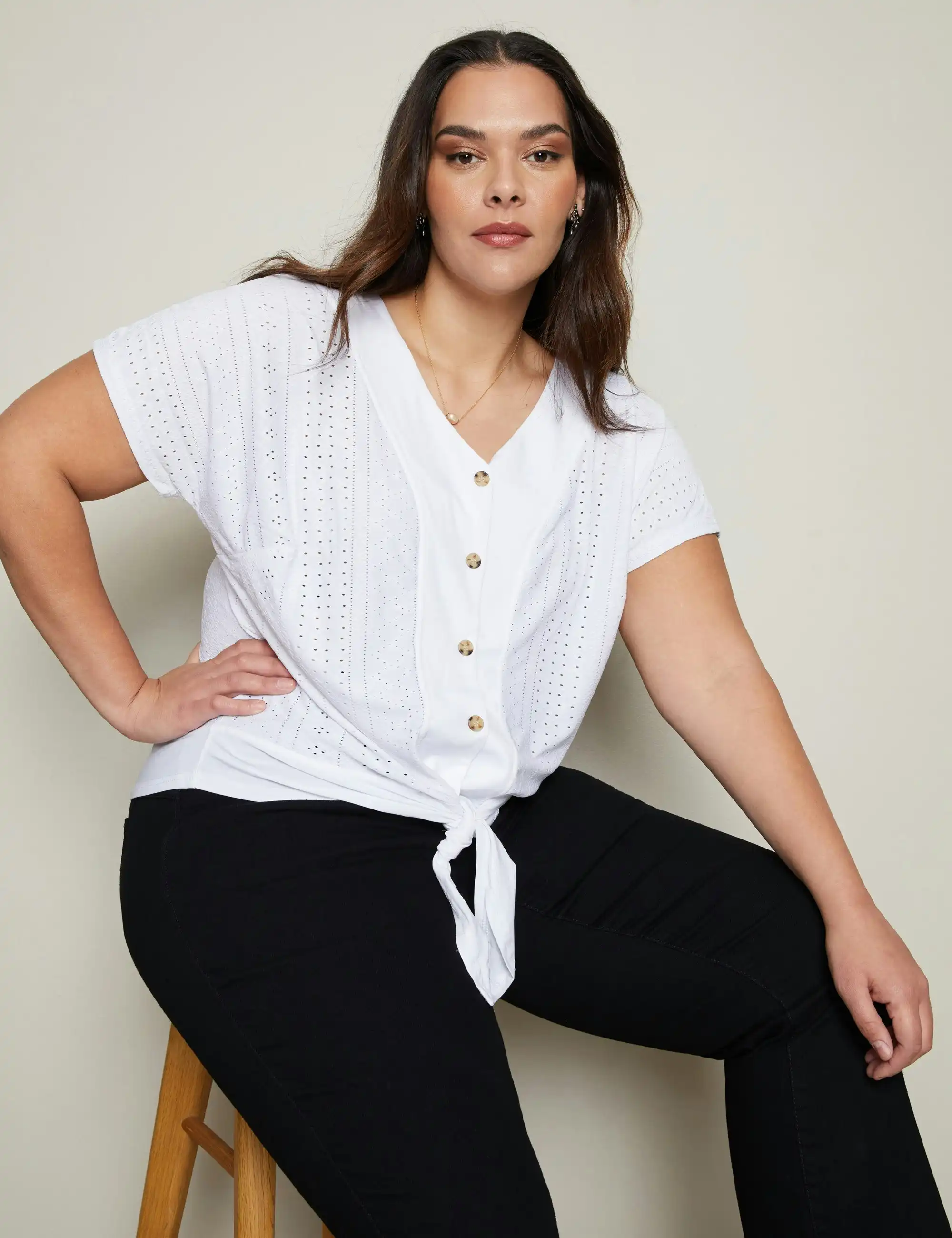 Autograph Knitwear Extended Sleeve Button Through Broderie Top (White)