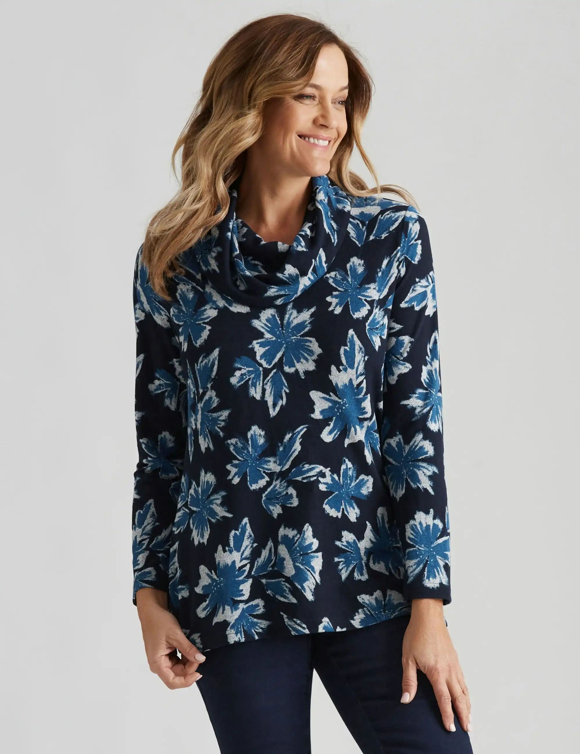 Millers Long Sleeve Printed Brushed Cowl Neck Top (Navy Floral)
