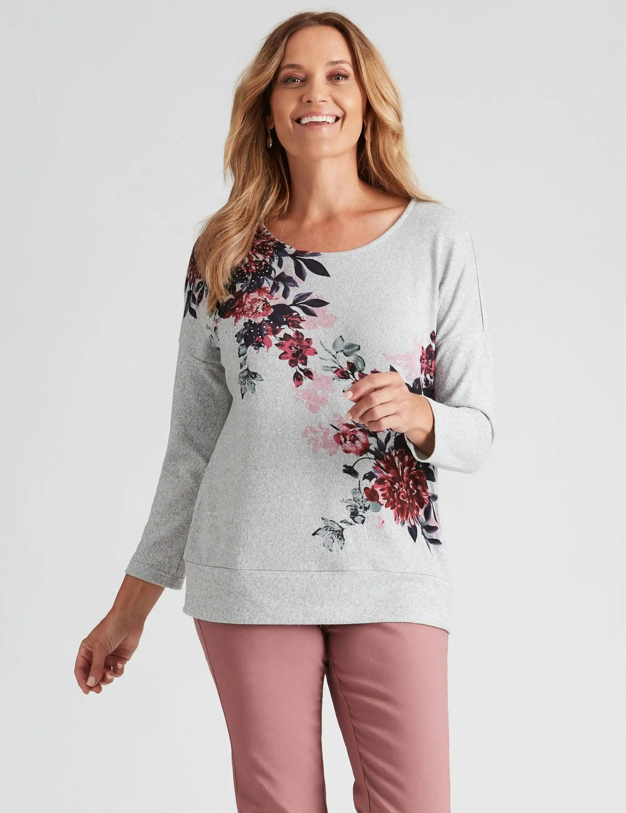 Millers Long Sleeve Brushed With Band Top (Berry Floral)