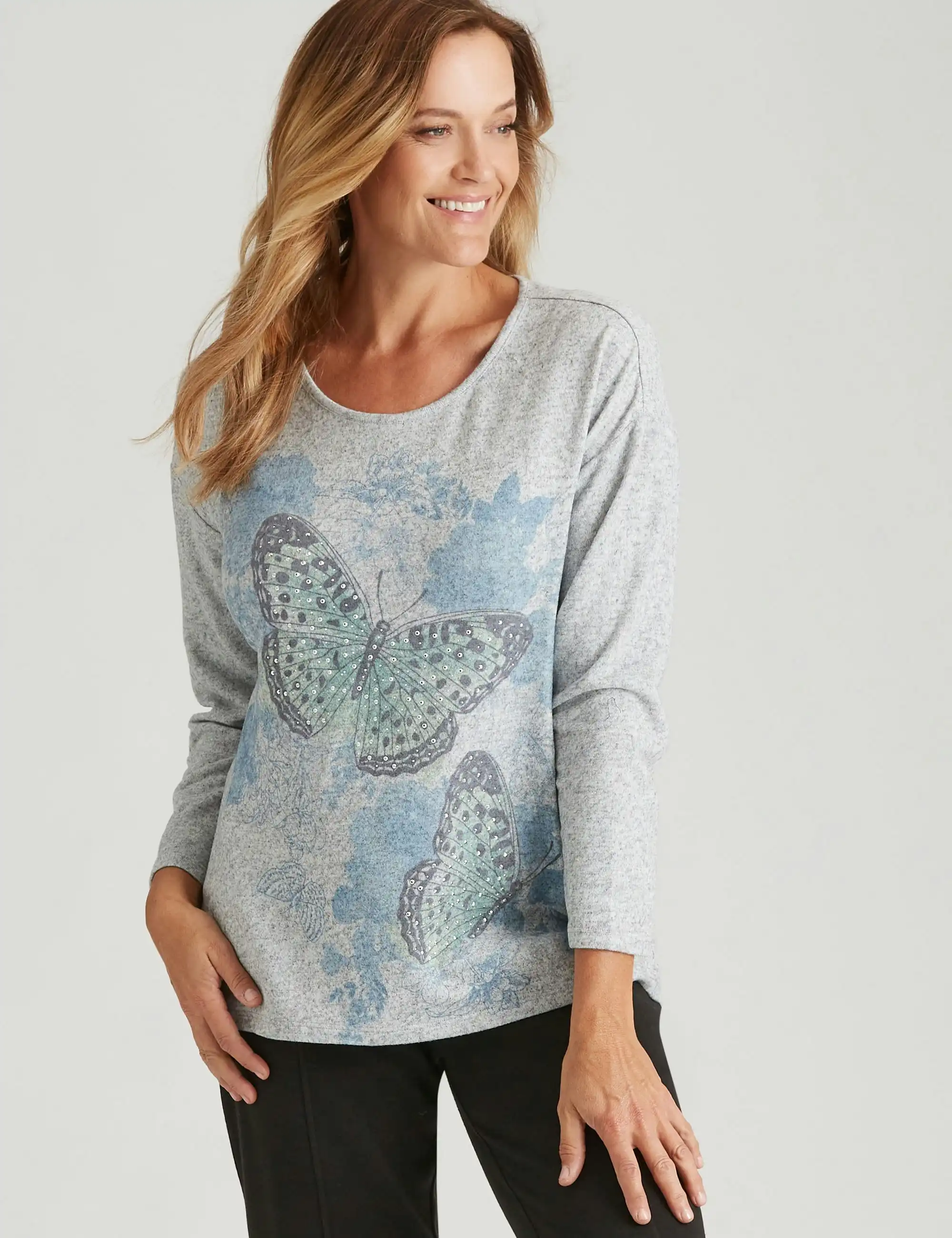 Millers Long Sleeve Placement Print Top (Multi Butterfly)