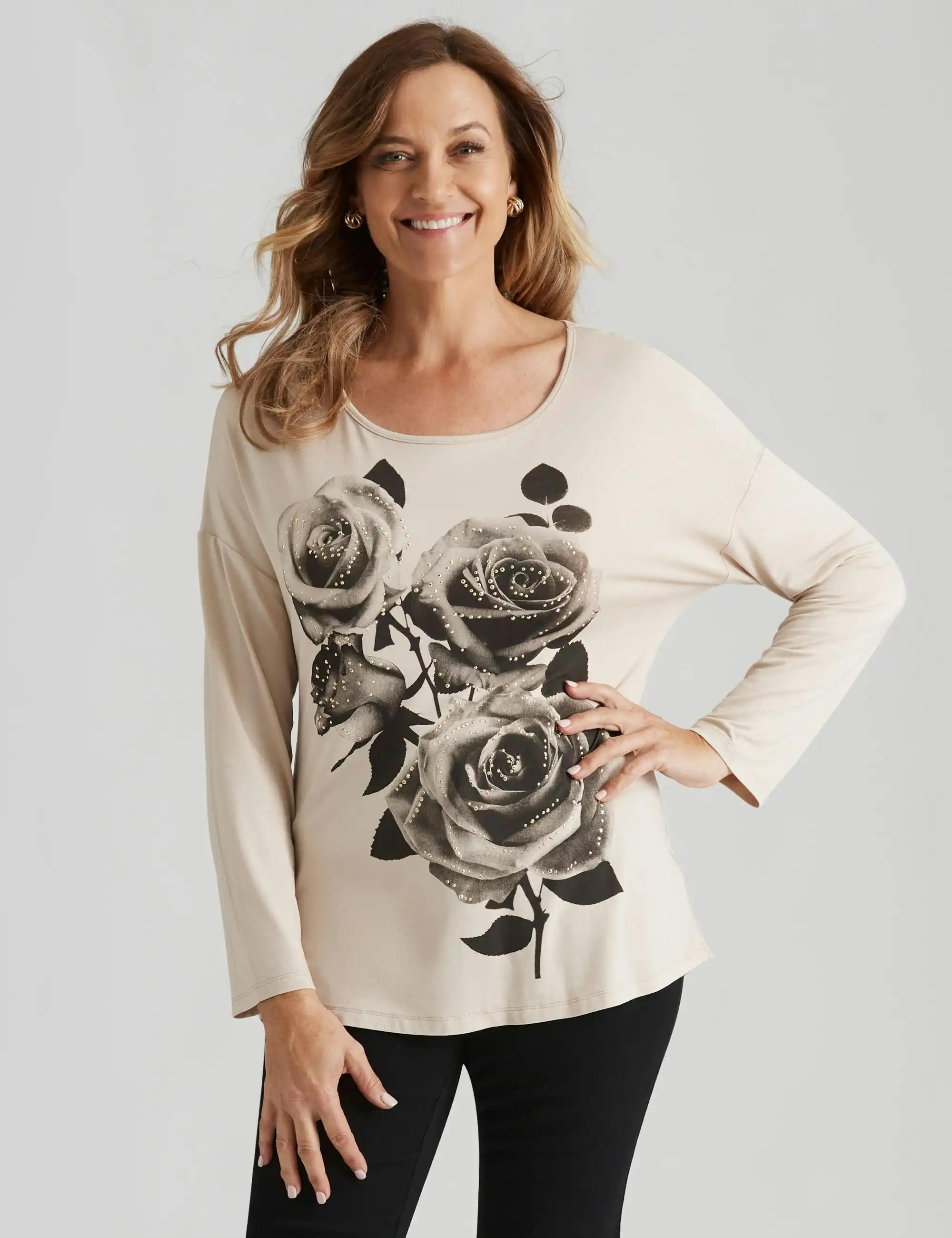 Millers Long Sleeve Graphic Print Top (Neutral Floral)