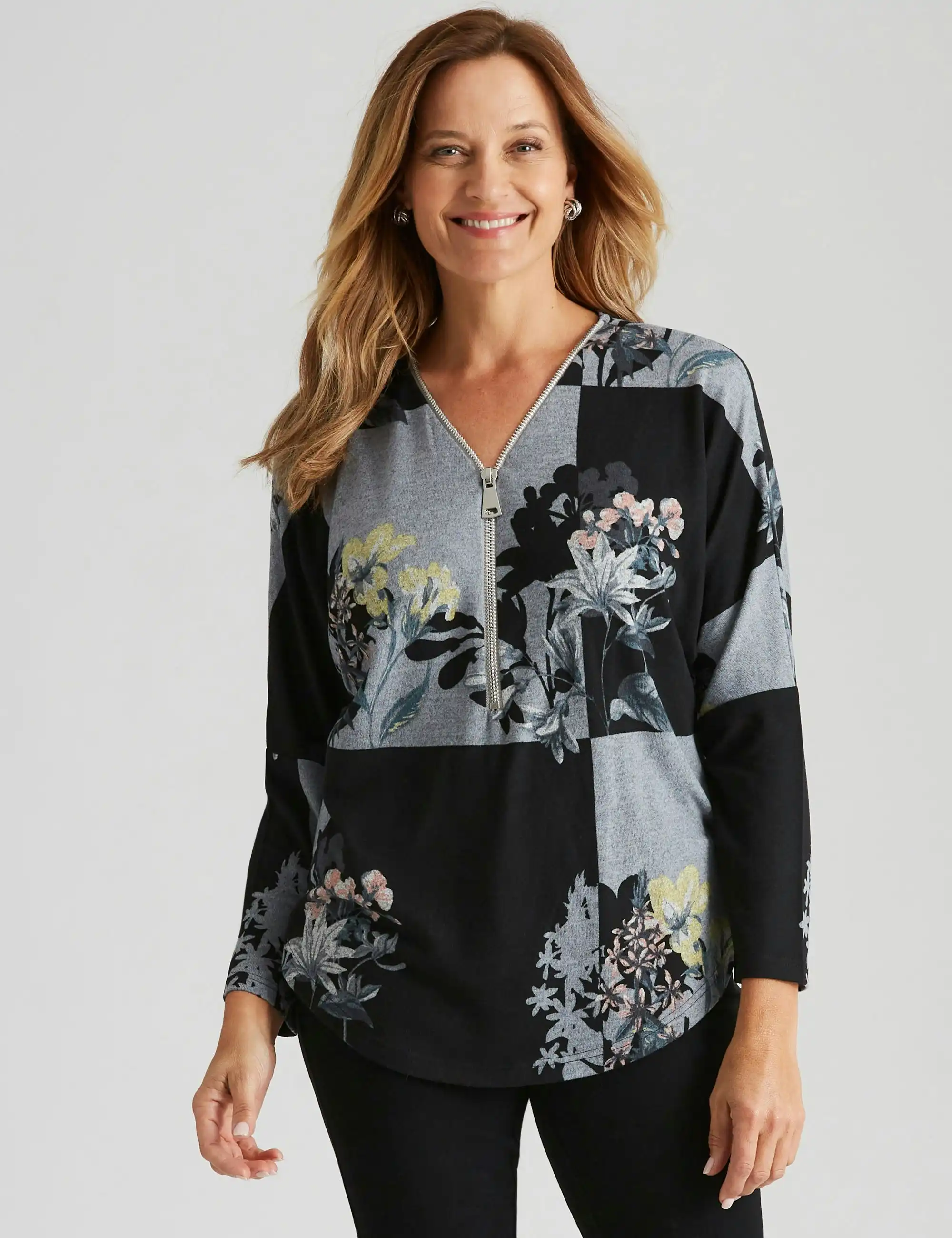Millers Long Sleeve Zipped Detail Brushed Top (Floral Tile)