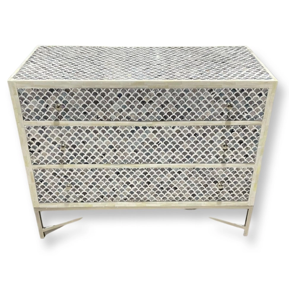 Zohi Interiors Scallop Bone Inlay 3 Drawer Chest in Grey