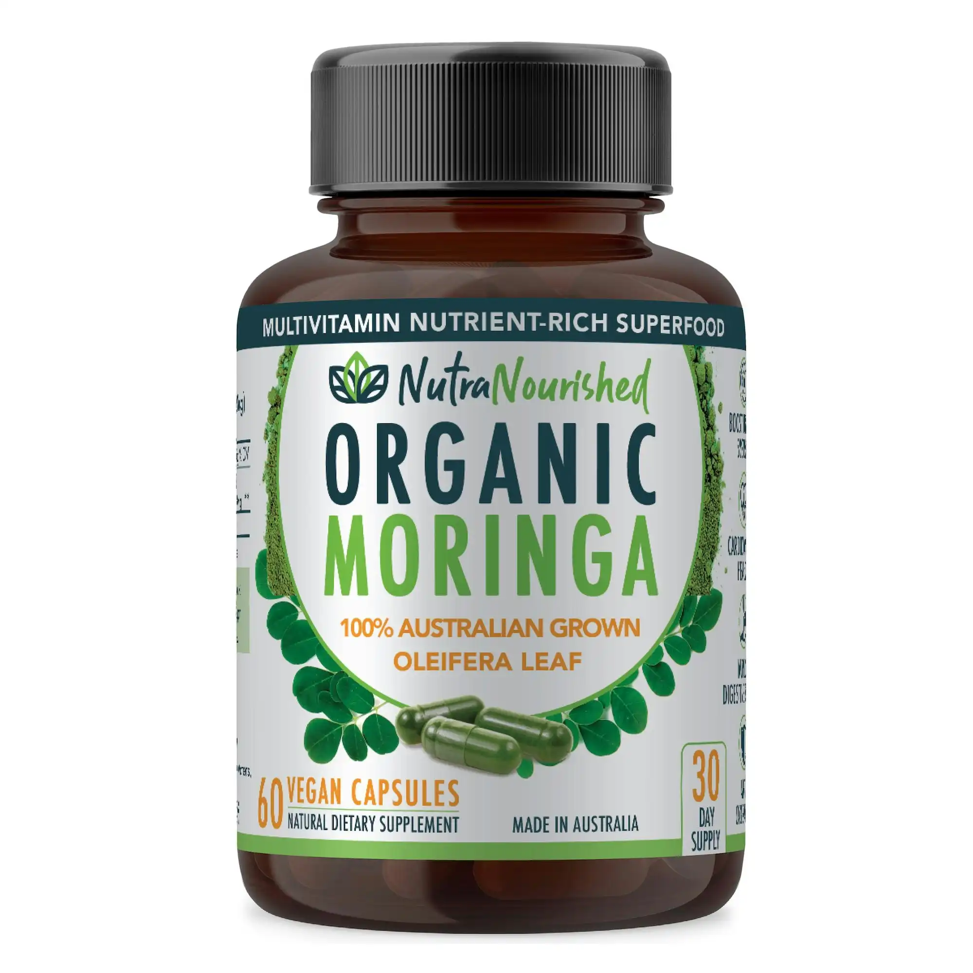 Moringa Leaf Capsules Organic - 100% Natural Grown - 13 vitamins & minerals - 60 Caps