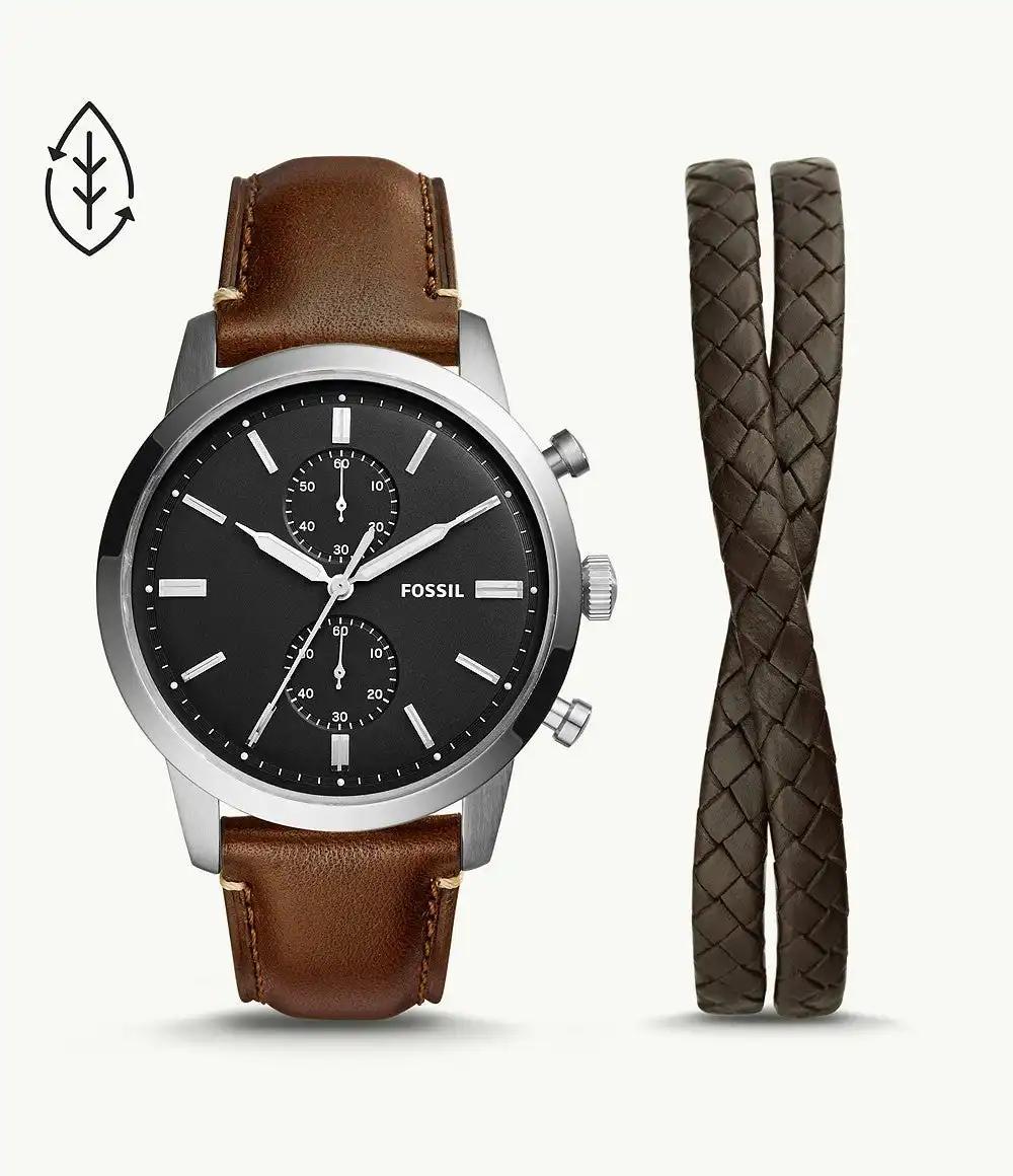 Fossil Townsman Silver and Brown Watch Gift Set FS5967SET