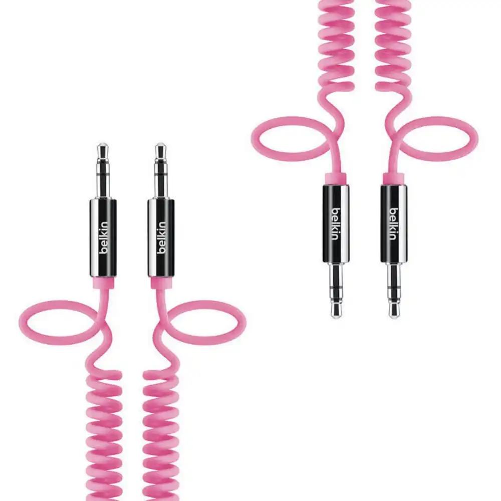 2x Belkin 1.8m Male Coiled Aux Auxiliary Cable Stereo Audio Lead 3.5mm Cord Pink
