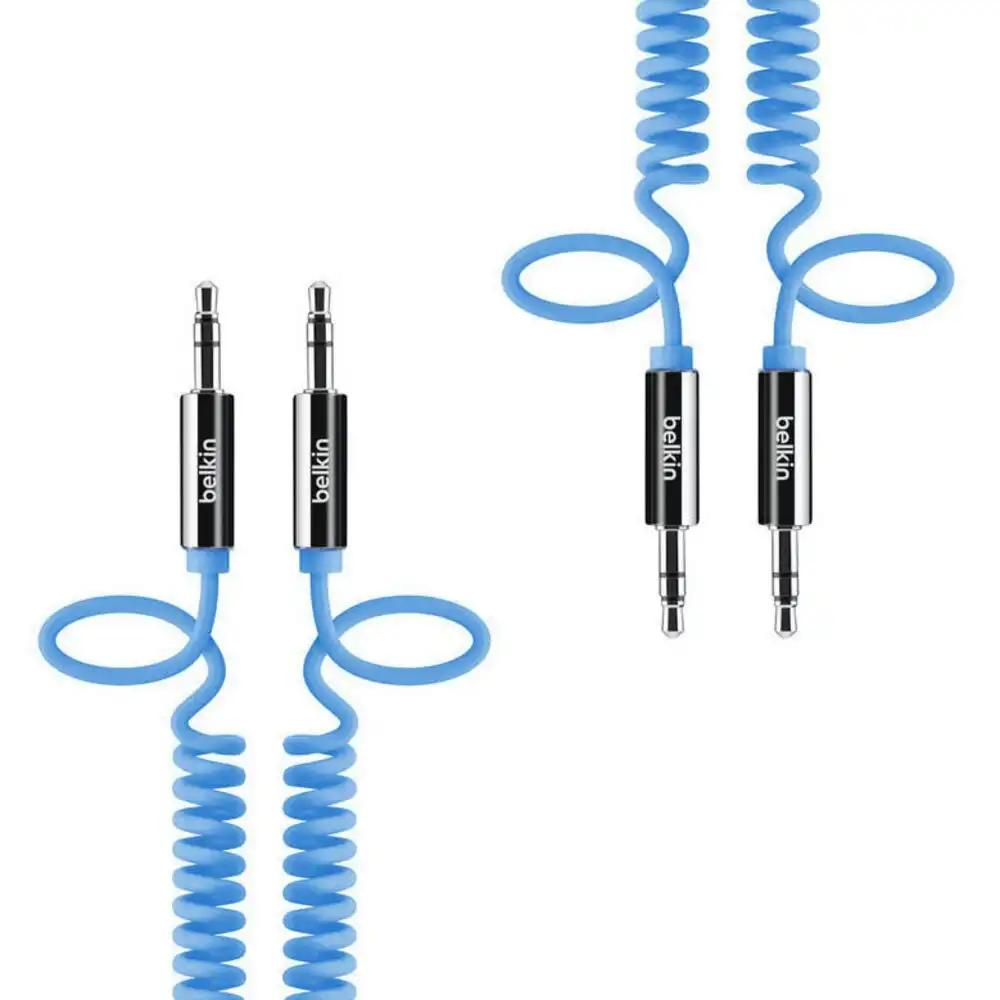 2x Belkin 1.8m Male Coiled Aux Auxiliary Cable Stereo Audio Lead 3.5mm Cord Blue