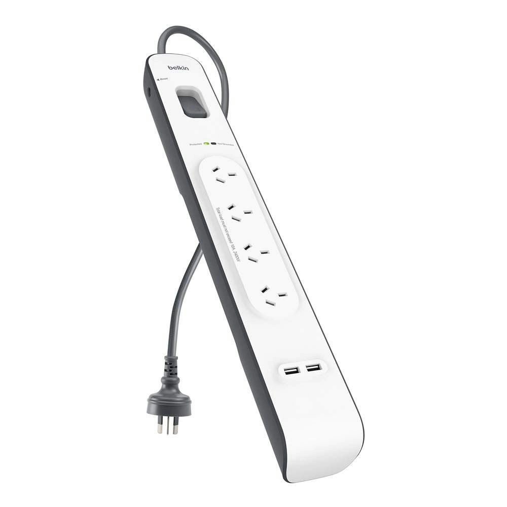 Belkin 4 Way Outlet Surge Protector 2M Power Board 2.4A w 2 USB Ports Charger