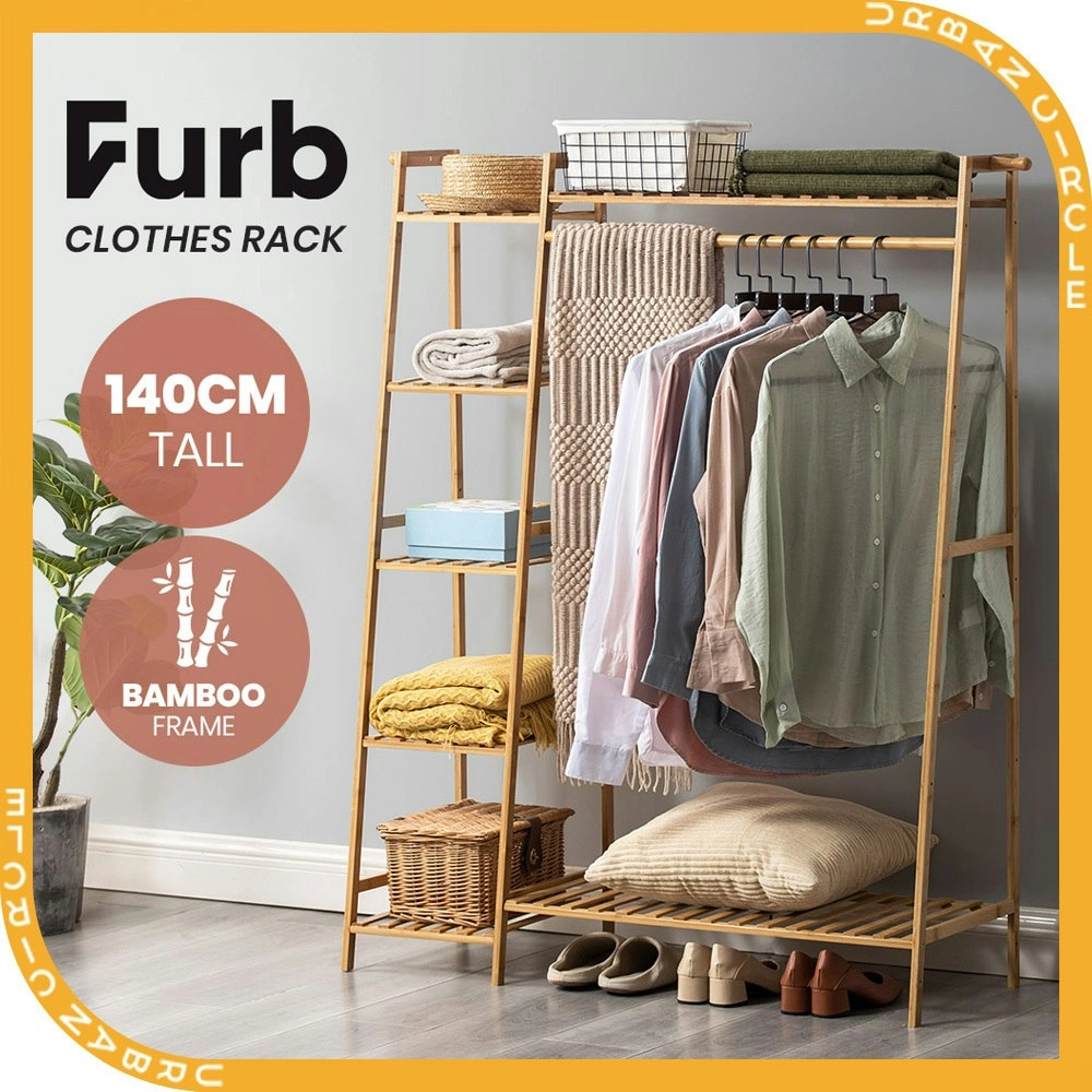 Furb Clothes Rack Bamboo Open Garment Rack Coat Stand Hanging Closet Organiser Shoes Storage Shelves