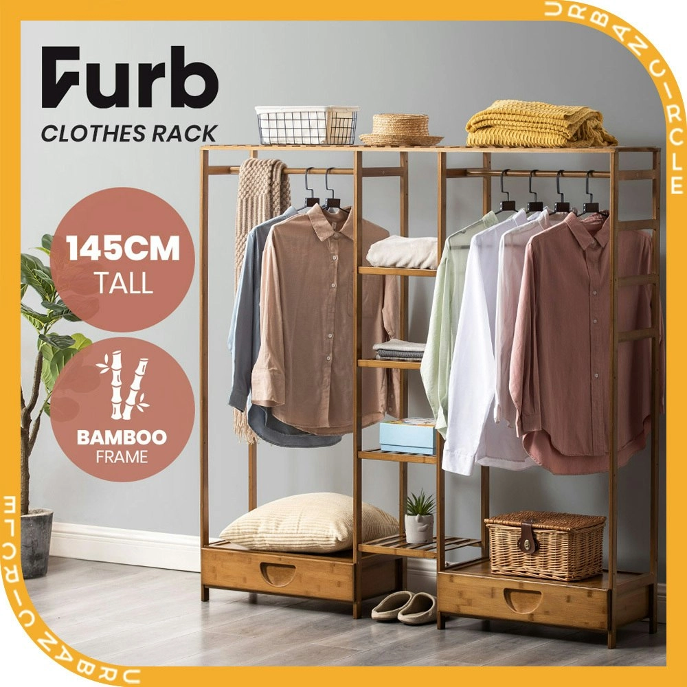 Furb Bamboo Clothes Rack Open Garment Coat Hanger Stand Closet Organiser Shoes Storage Shelves 150cm