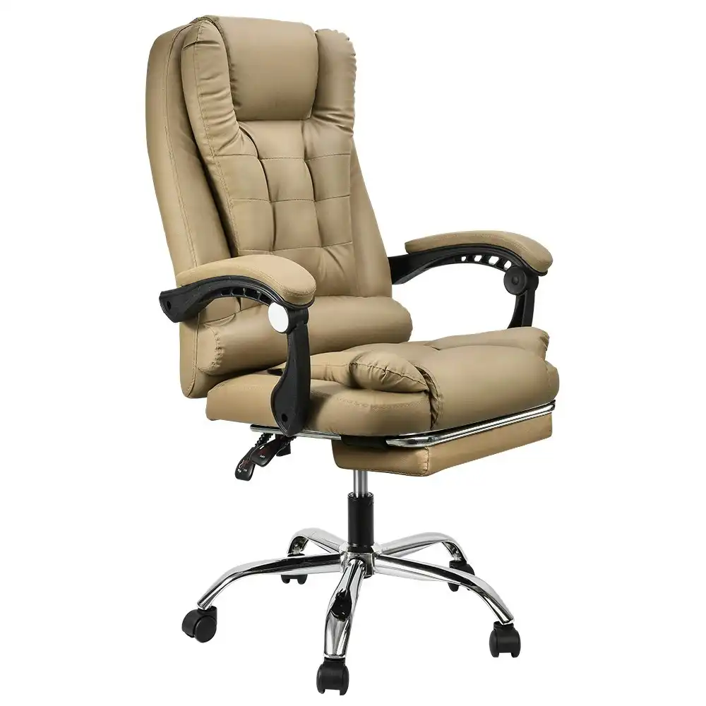 Furb Office Chair Executive PU leather Seat Ergonomic Support Caster Wheel Footrest Khaki