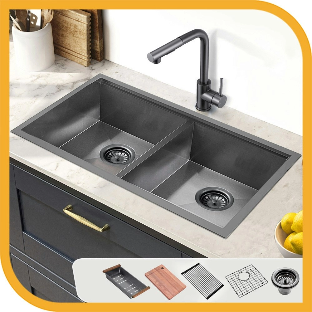 Simplus Stainless Steel Kitchen Workstation Sink 75x45CM Laundry Undermount Double Bowl Set Black