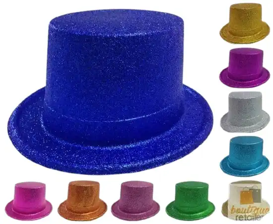 GLITTER TOP HAT Fancy Party Plastic Costume Tall Cap Fun Dress Up Sparkle