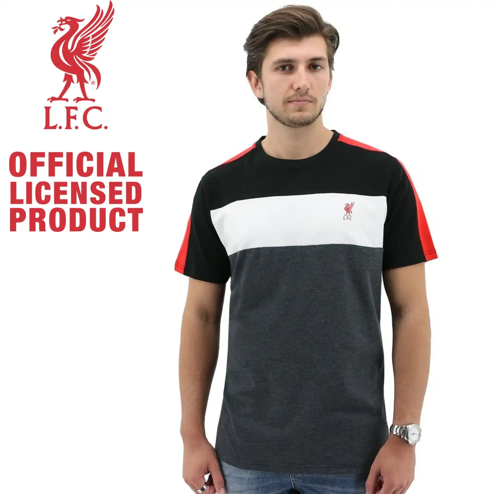 Liverpool FC Men's Crew T Shirt Tee Top Soccer Football - Tricolour Red Stripe