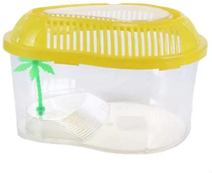 Pet Basic Original Easy Feed Plastic Fish Tank - Yellow - 28cm x 22cm x 17cm with Non-Slip Handle and Artificial Tree