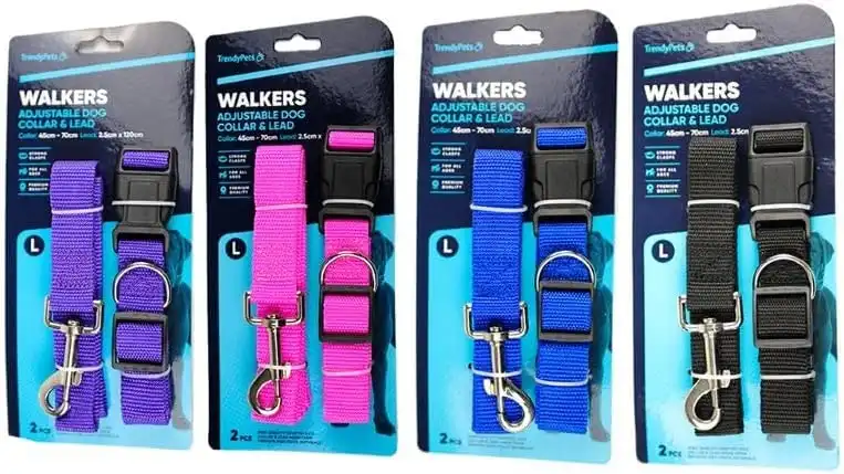 Trendypets Warkers Pets Dogs Walkers Collar And Leads Large 2 In 1 Set collar 45Cm Lead 2.5Cm 120Cm 4Set 4 Color Assorted