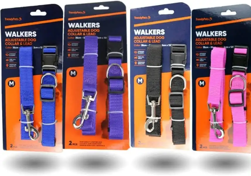 Trendypets Warkers Pets Dogs Walkers Collar And Leads Medium 2 In 1 Set collar 35Cm Lead 2Cm 120Cm 4Set 4 Color Assorted