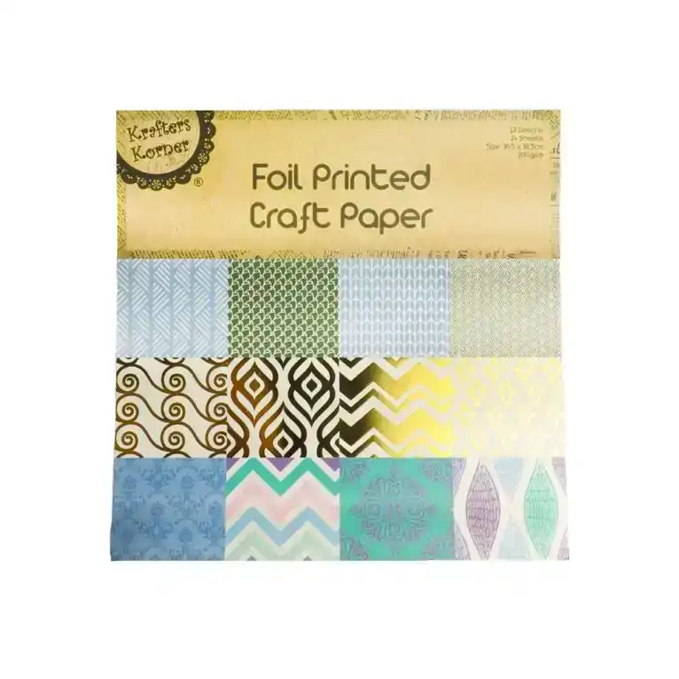 Krafters Korner Foil Printed Craft Paper - 12 Different Designs (30.5 x 30.5Cm)