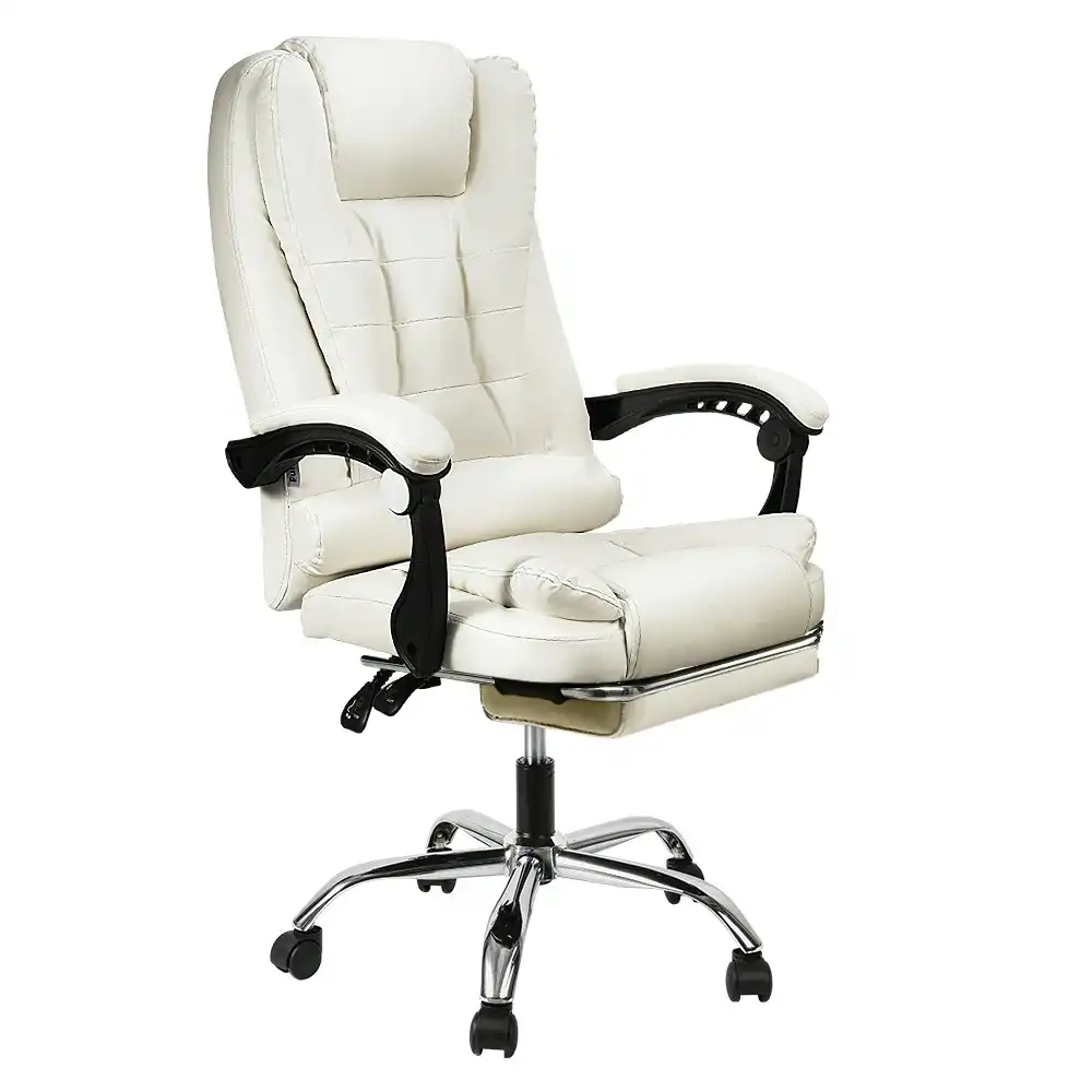 Furb Office Chair Executive PU leather Seat Ergonomic Support Caster Wheel Footrest White
