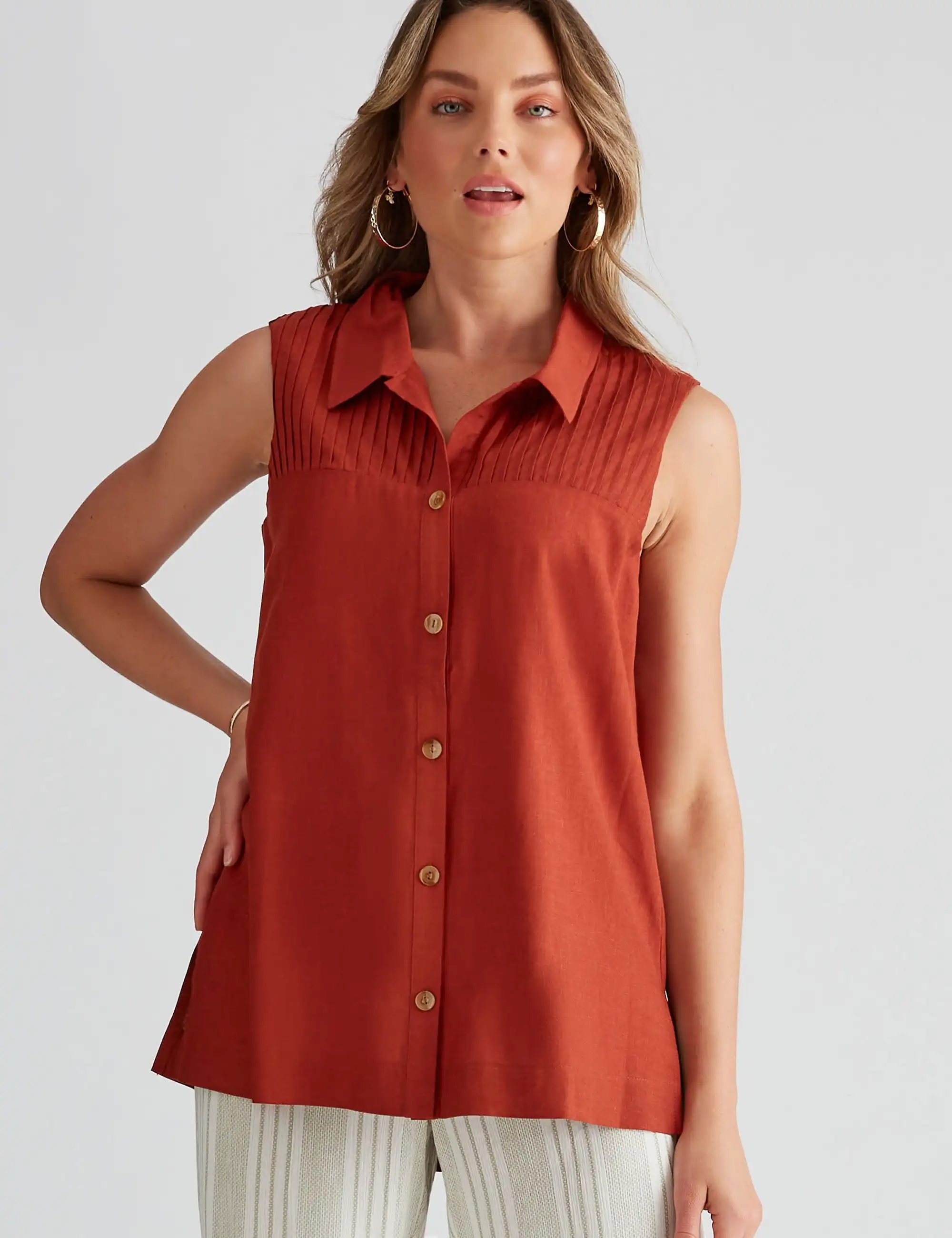 Rockmans Linen Pintuck Sleeveless Shirt