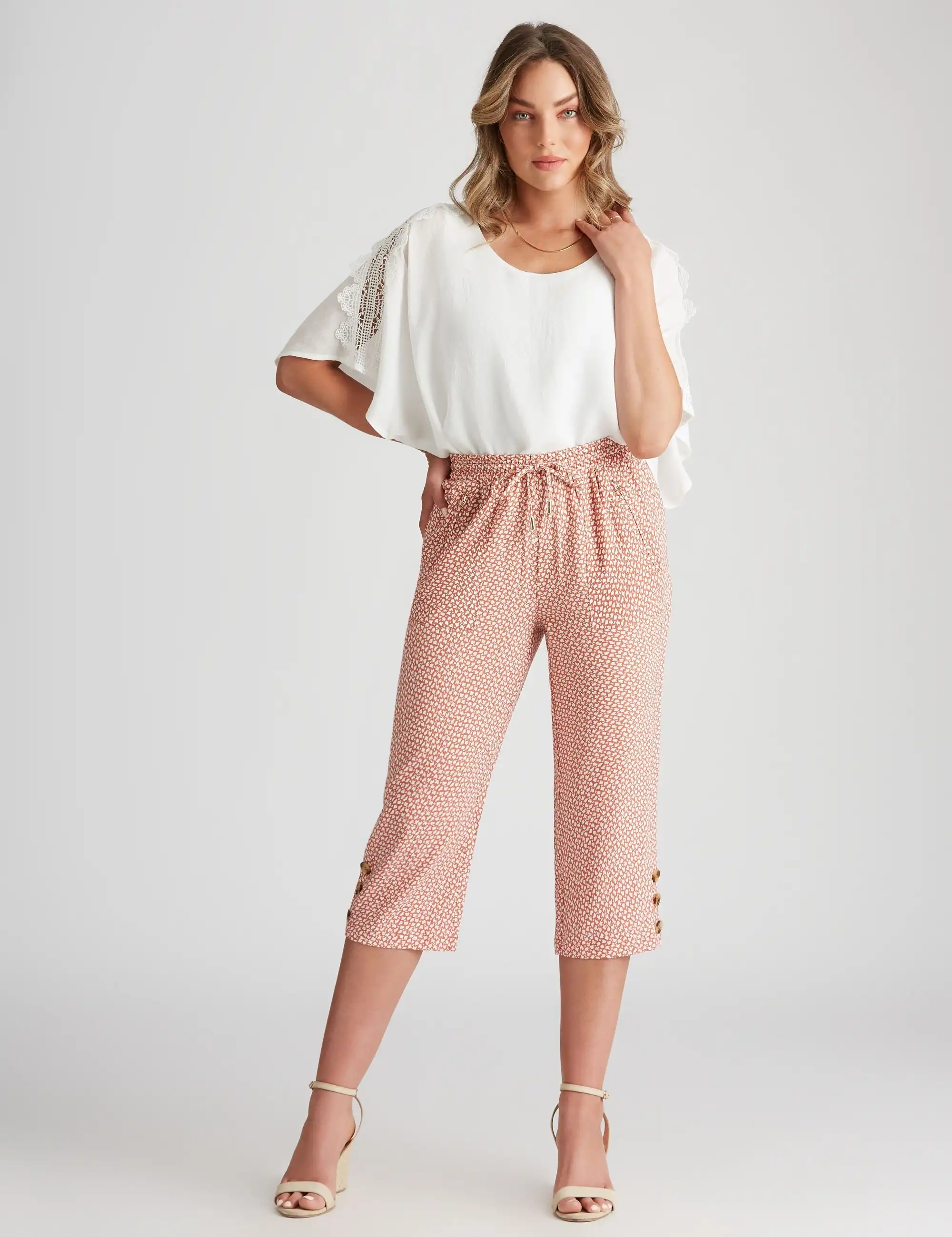 Rockmans Crop Linen Print Zipped Pants