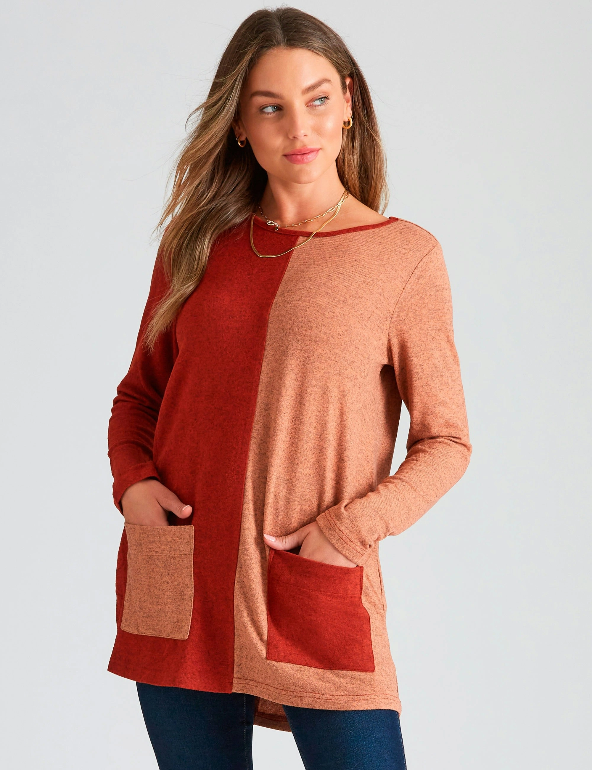 Rockmans Long Sleeve Contrast Colour Knitwear Look Top (Orange)