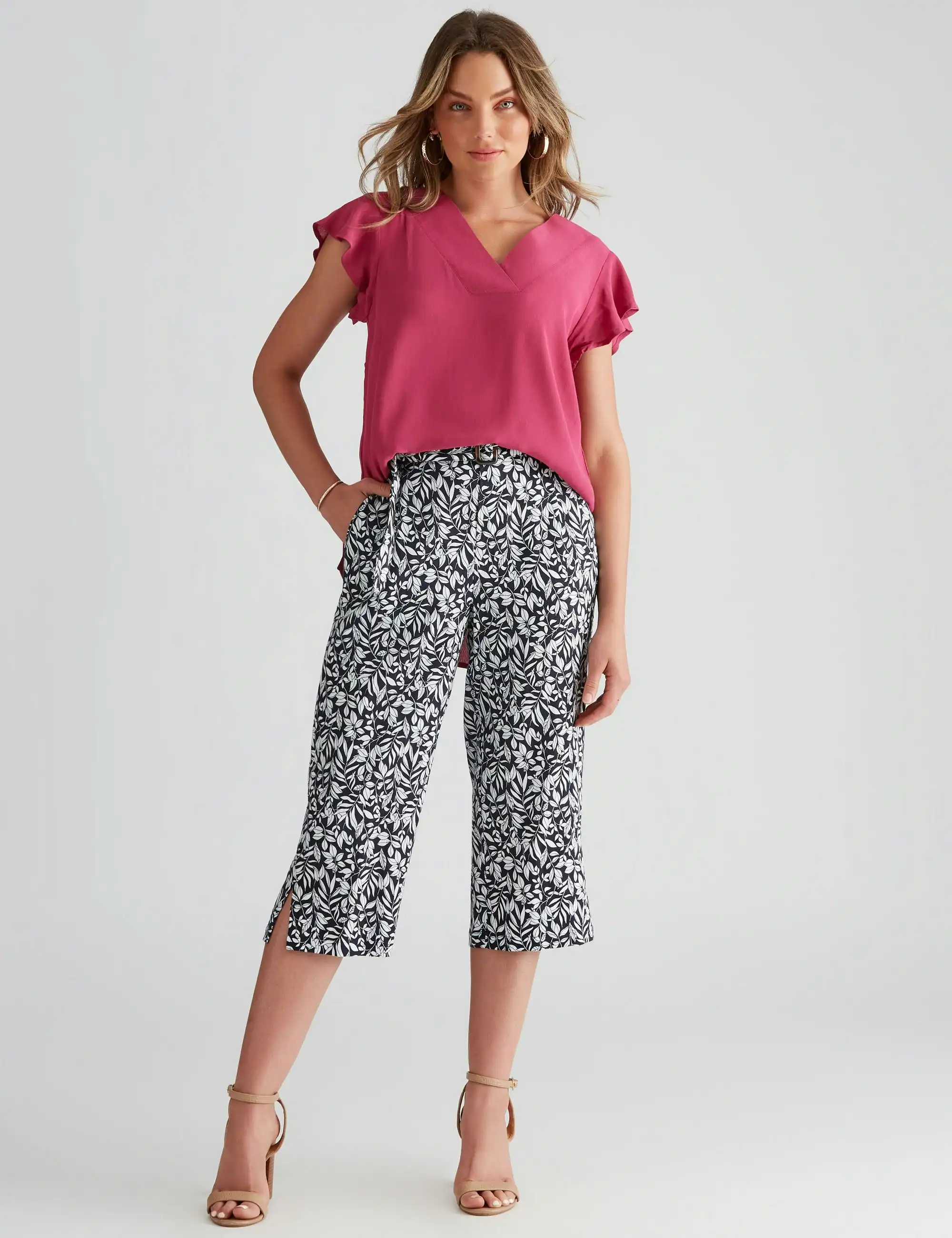 Rockmans Crop Linen Belted Buckle Pants