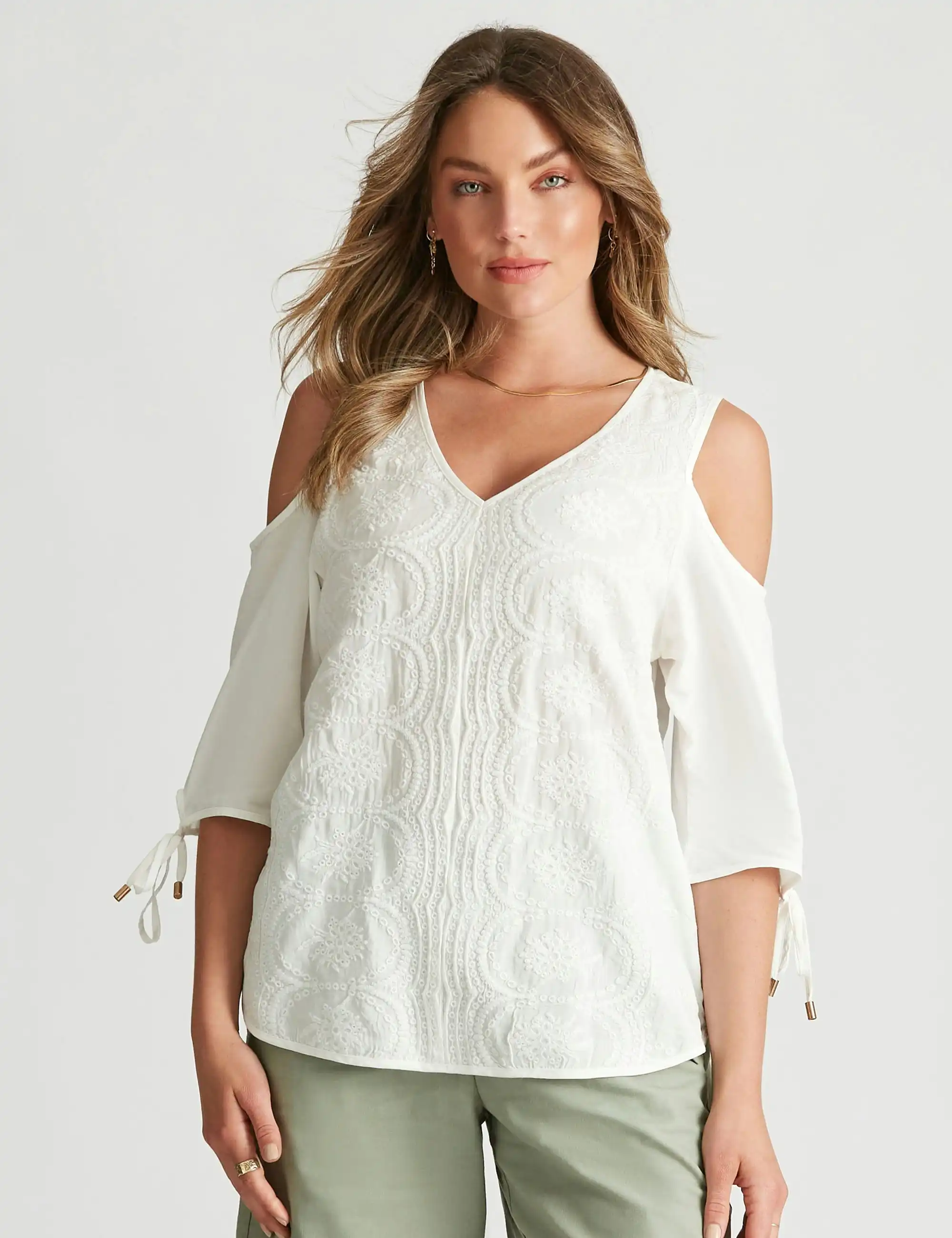 Rockmans Cold Shoulder Embroidered Front Top (Bright White)