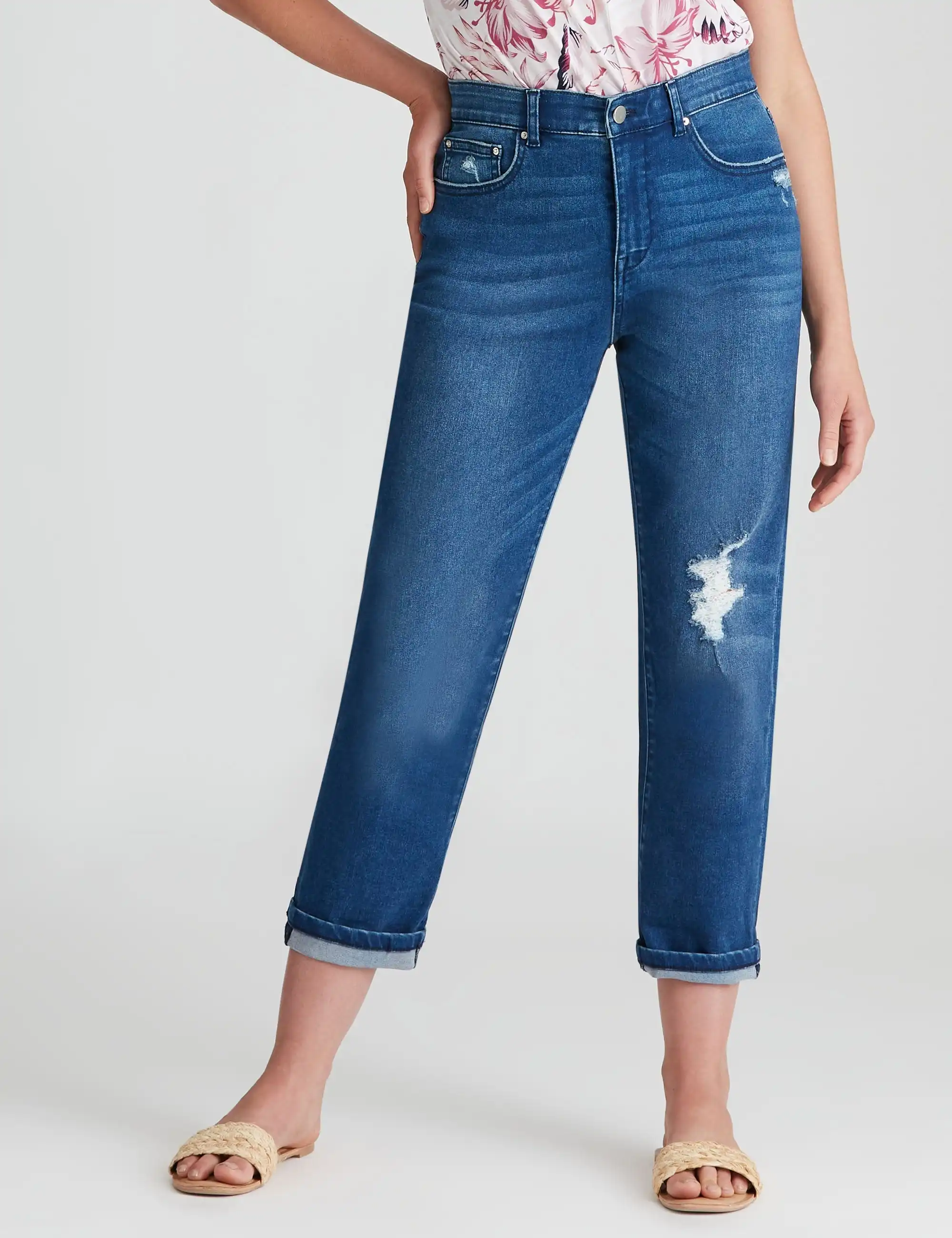 Rockmans 7/8 Length Girlfriend Distressed Denim Jeans