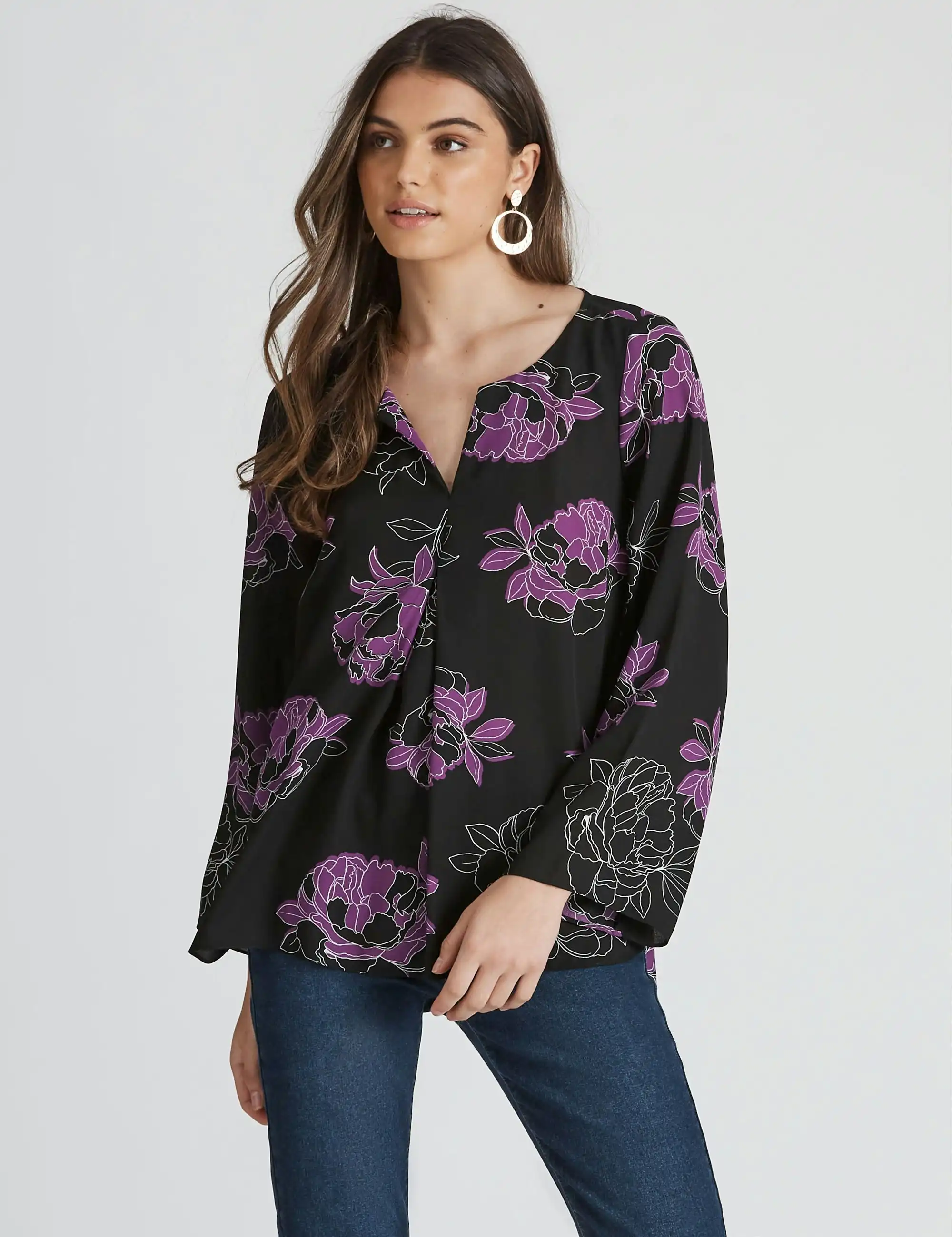Rockmans Long Flared Sleeve Woven Pleat Front Top (Purple Floral Onl)