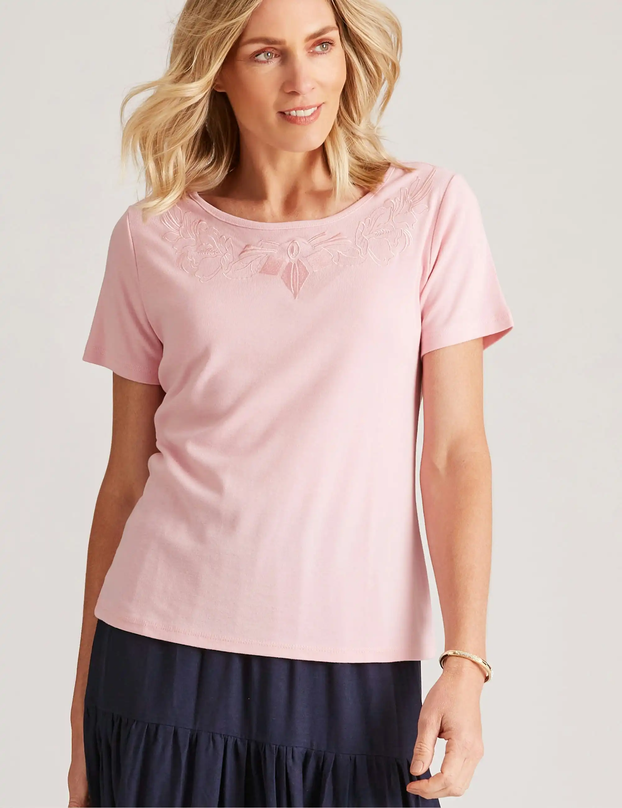 Noni B Round Neck Embroidered Rib Top (Pale Pink)