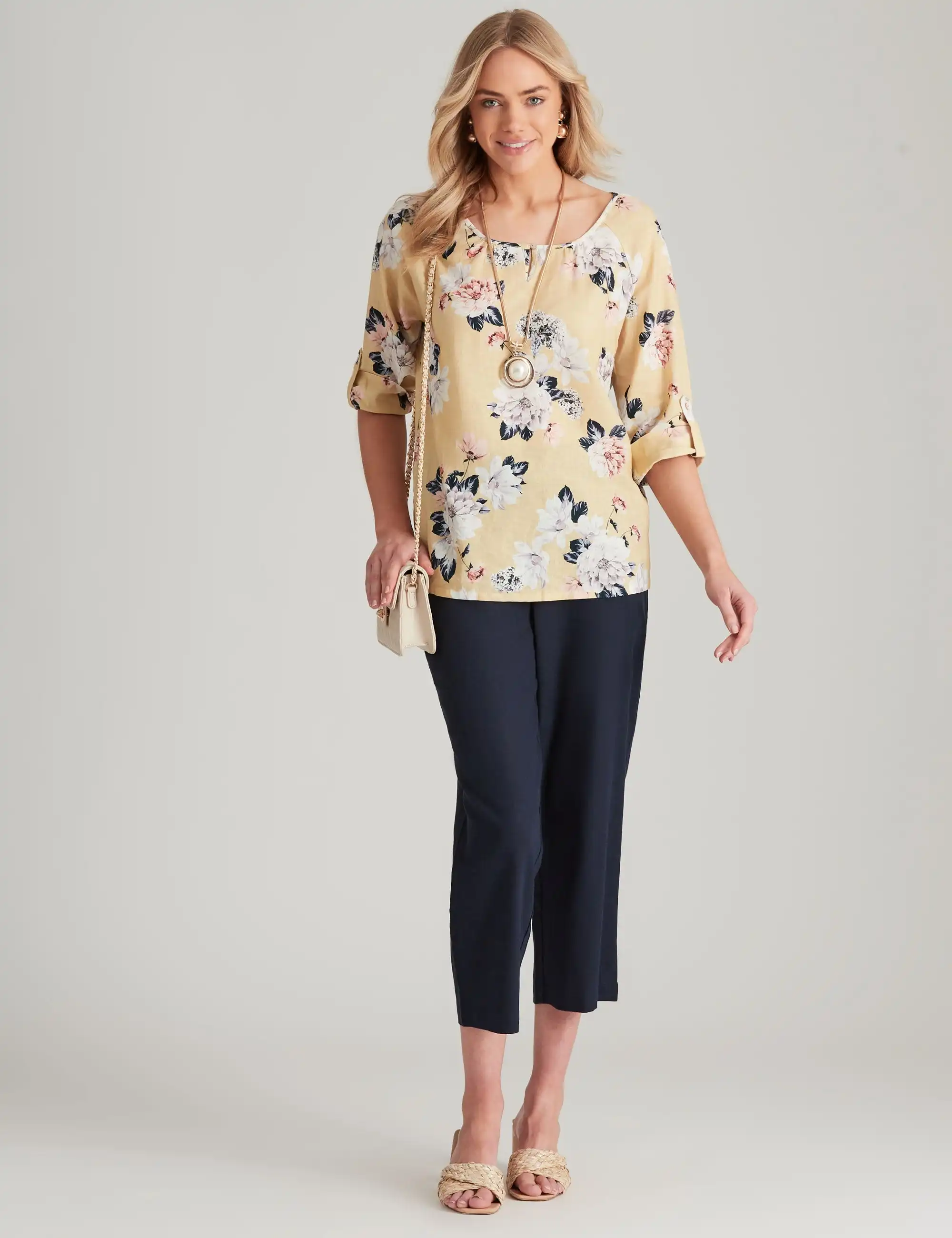 Noni B Keyhole Neck Print Linen Top