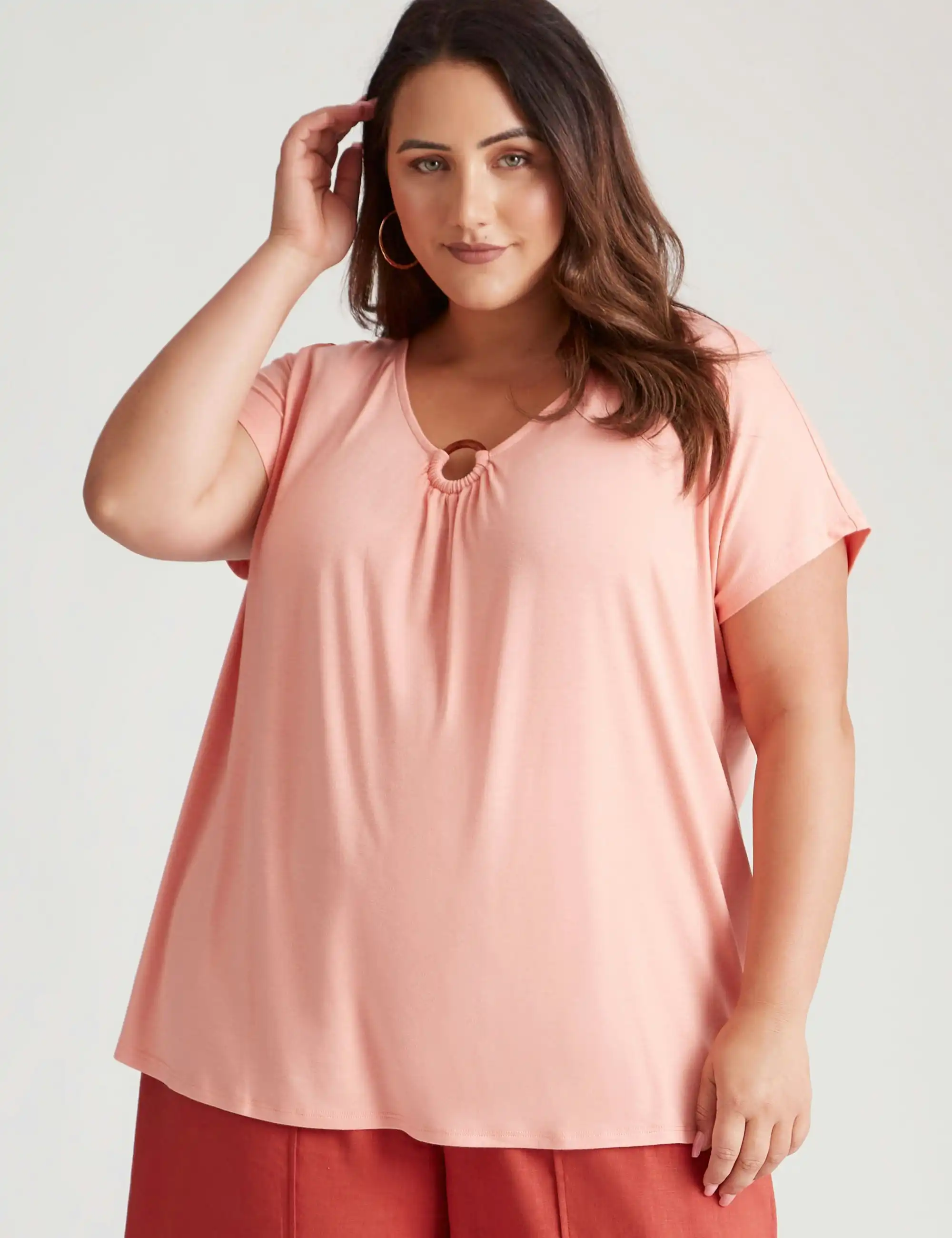 beme Extended Sleeve Ring Knitwear Tunic Top (Coral)