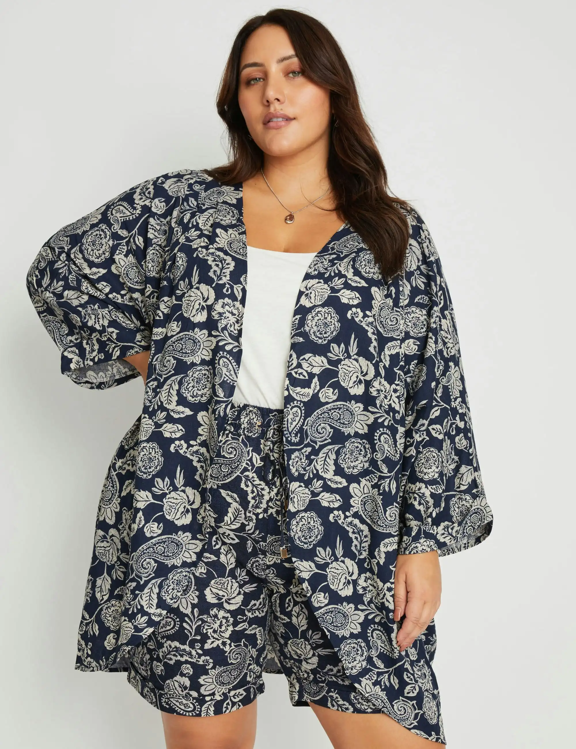 beme Linen Blend Pintuck Kimono