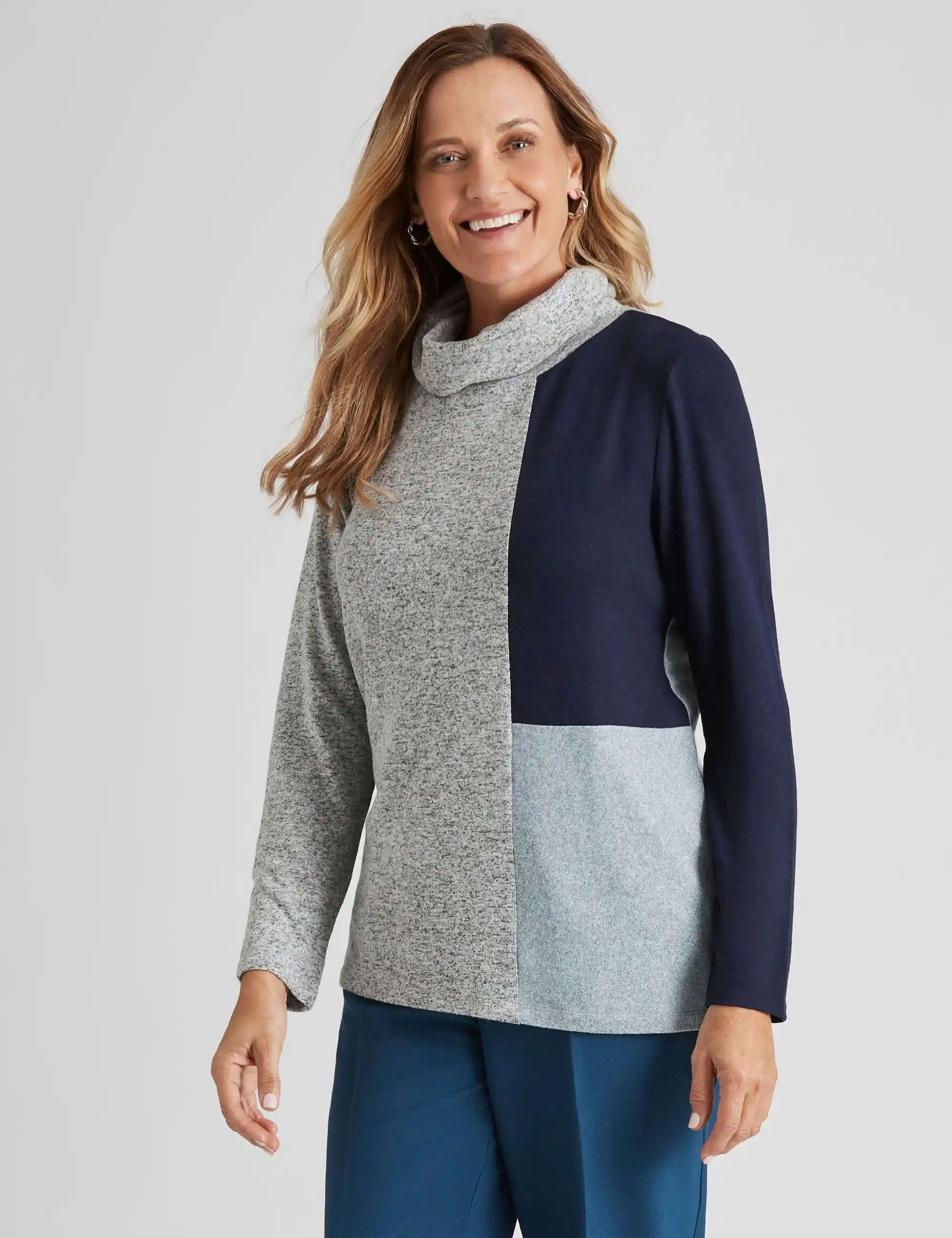 Millers Long Sleeve Brushed Tunic Top (Blue Colour Block)
