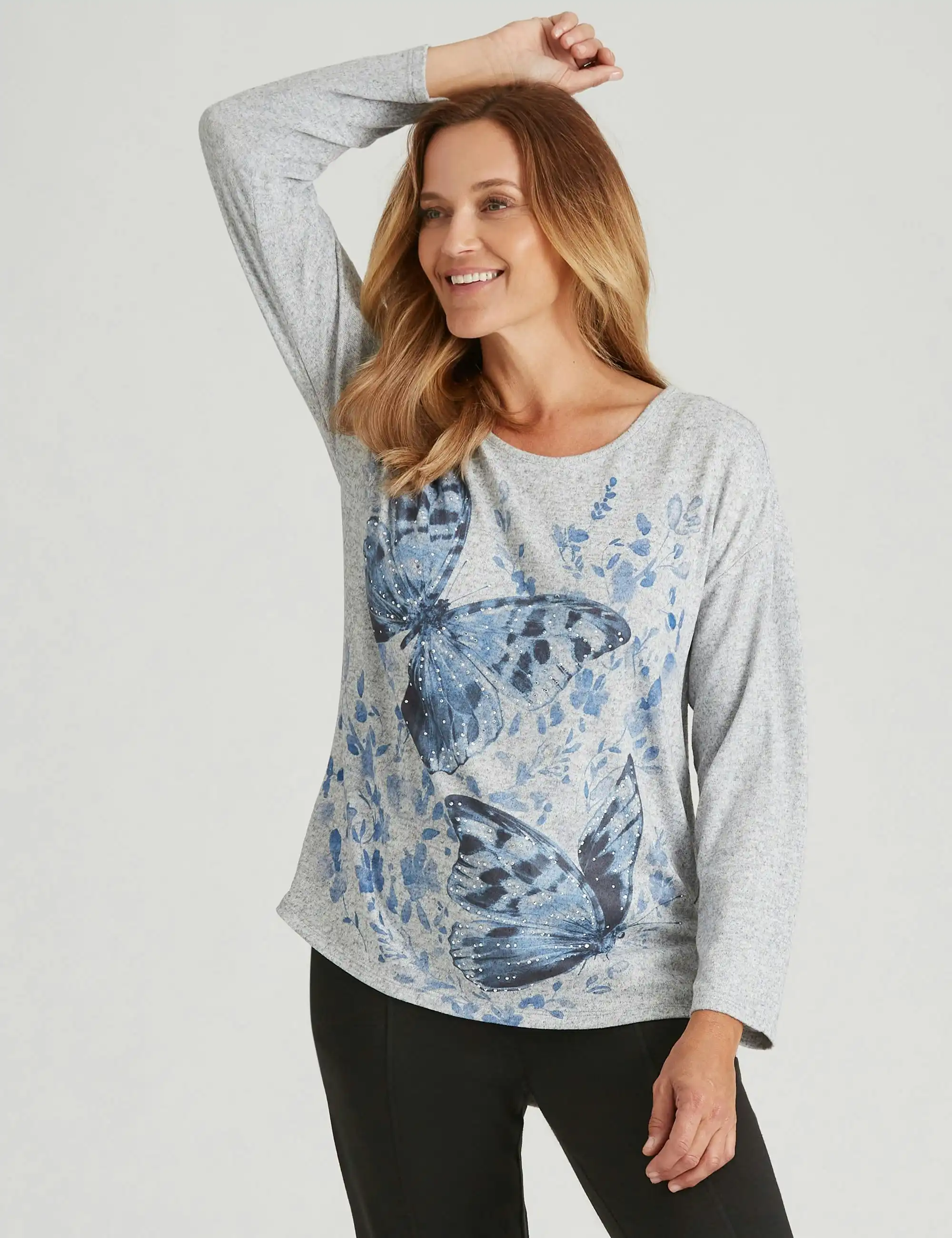 Millers Long Sleeve Placement Print Brushed Top (Butterfly Placement)