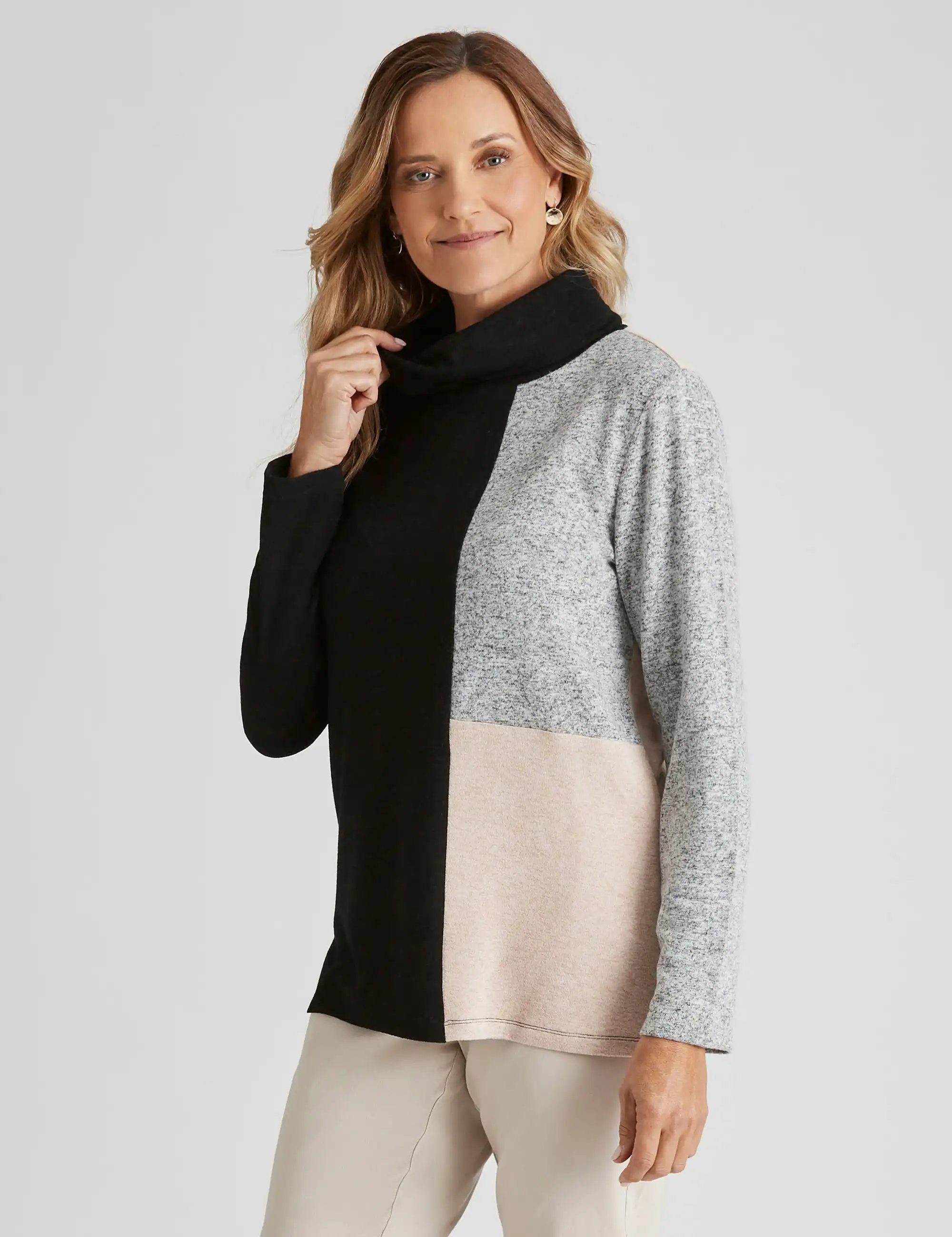 Millers Long Sleeve Brushed Tunic Top (Neutral Colour Block)