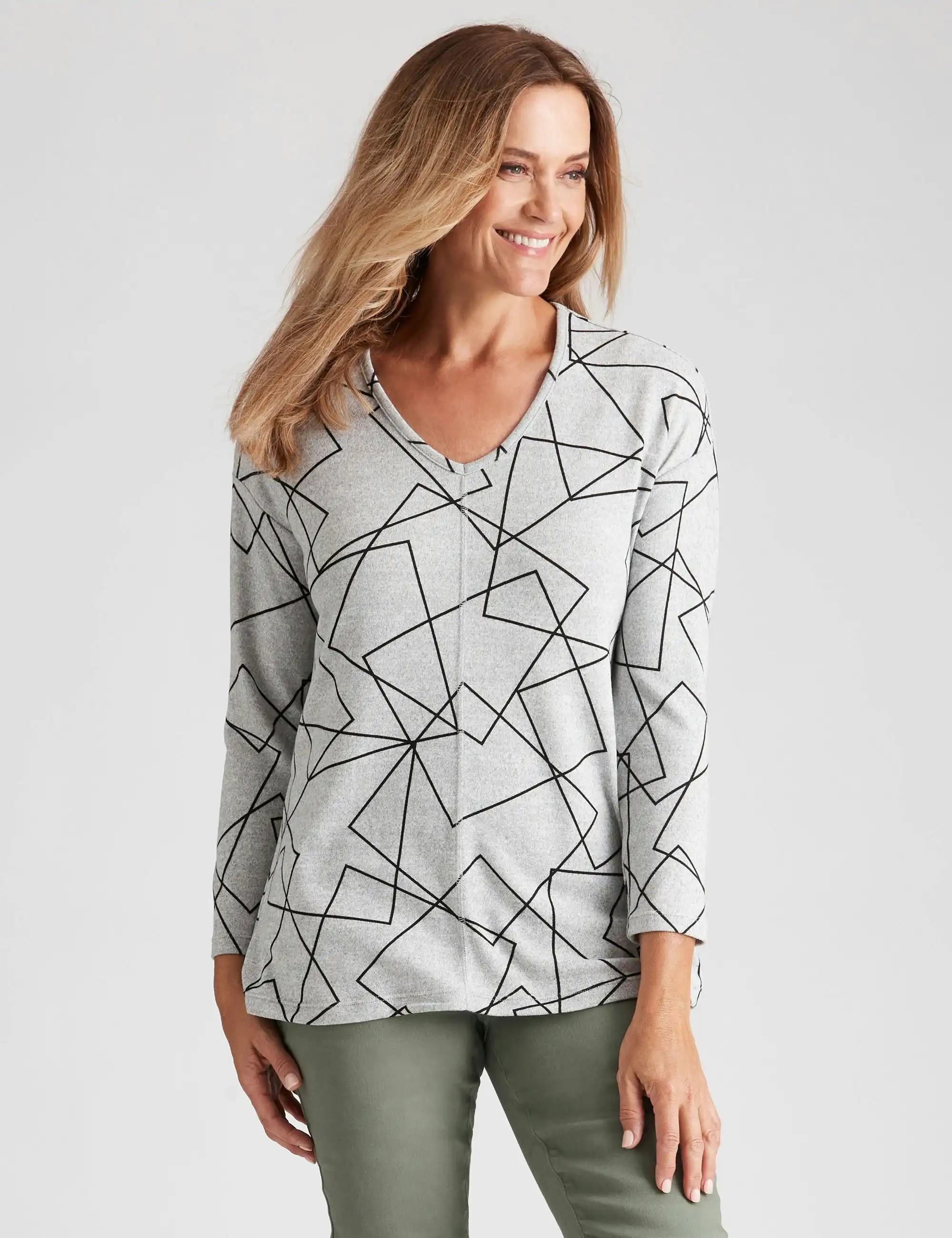 Millers Long Sleeve Brushed V-Neck Top (Mono Geo)