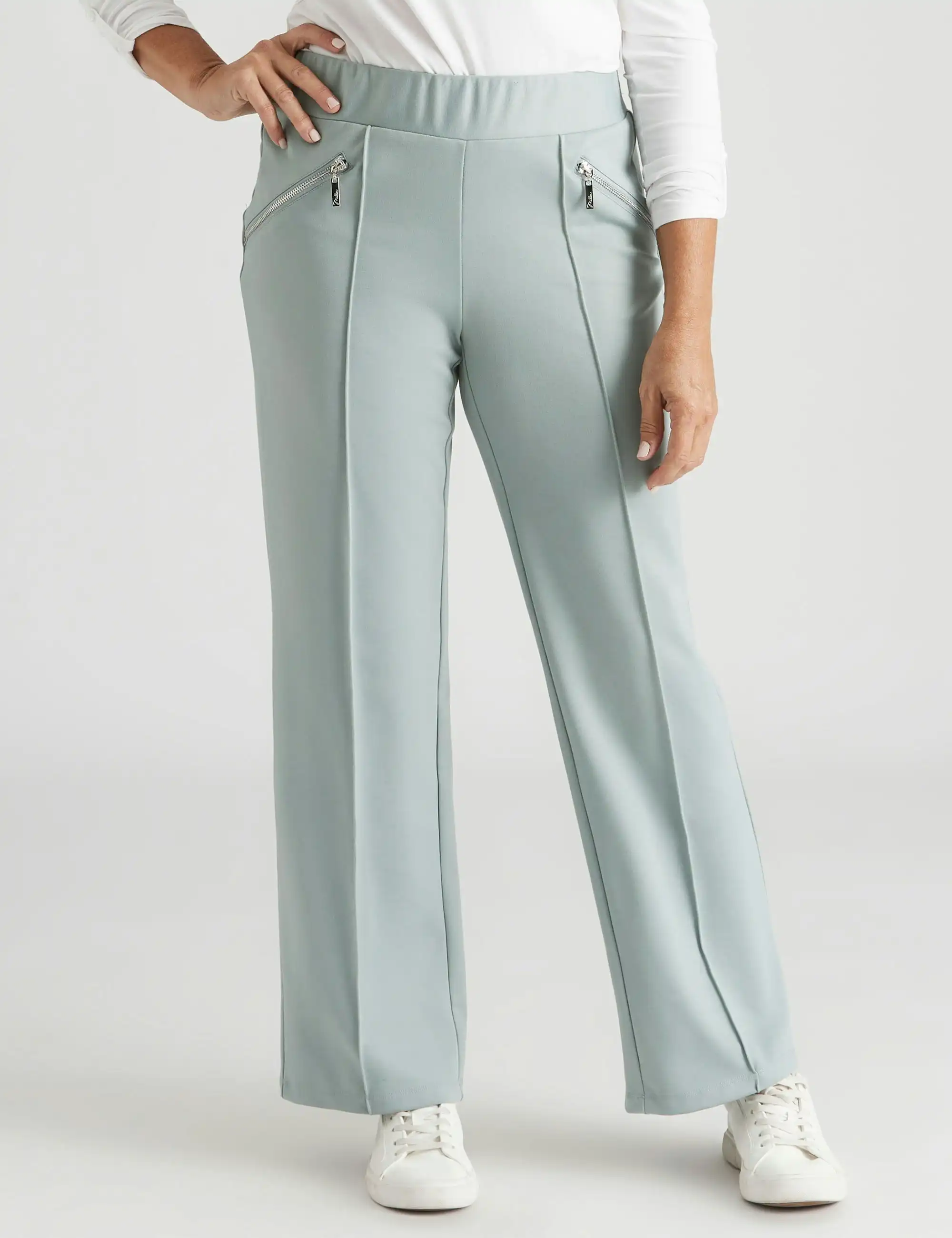 Millers Full Length Wide Leggs Pannelled Ponte Zipped Pants (Sage)