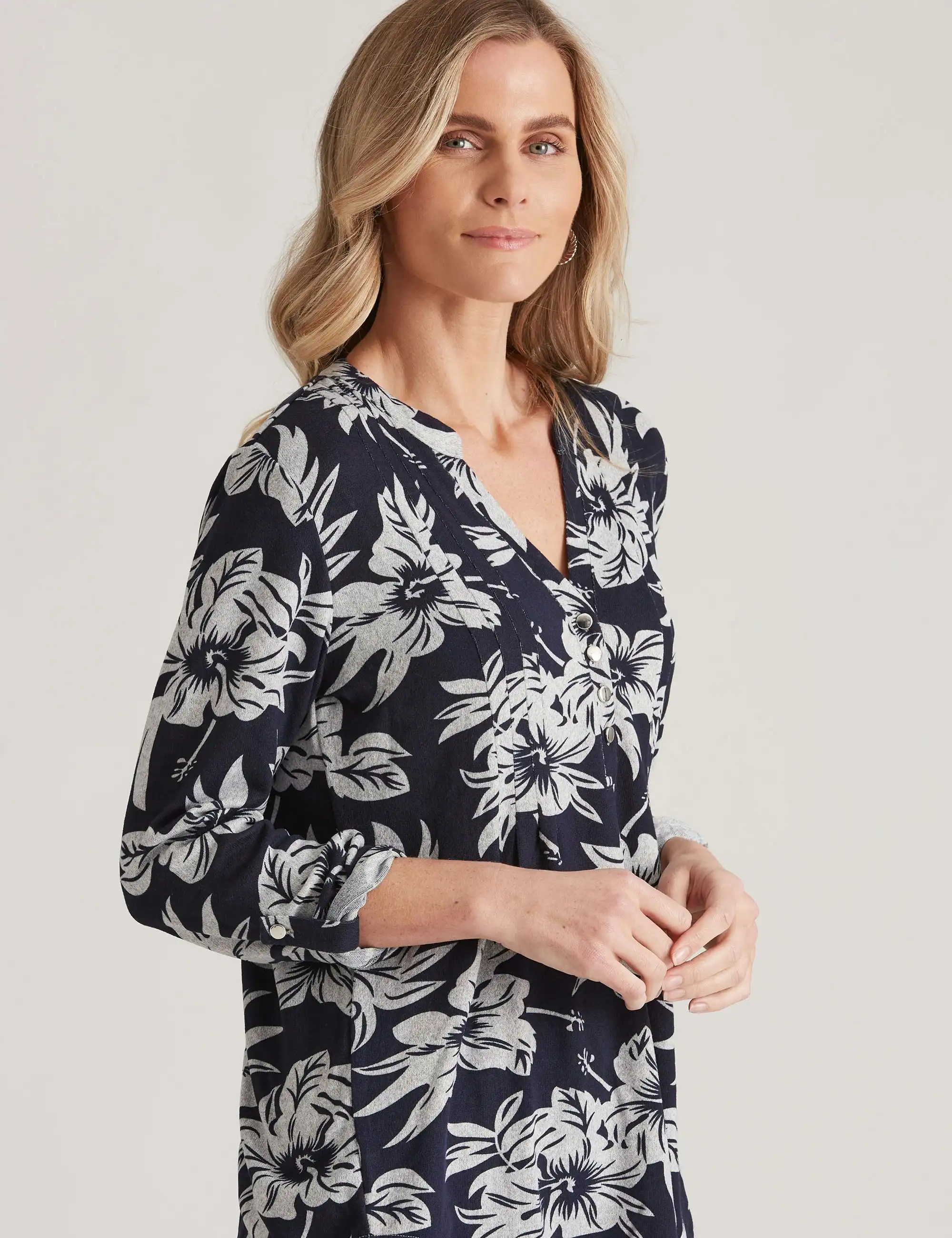Millers Long Sleeve Brushed With Half Placket Top (Navy Floral)